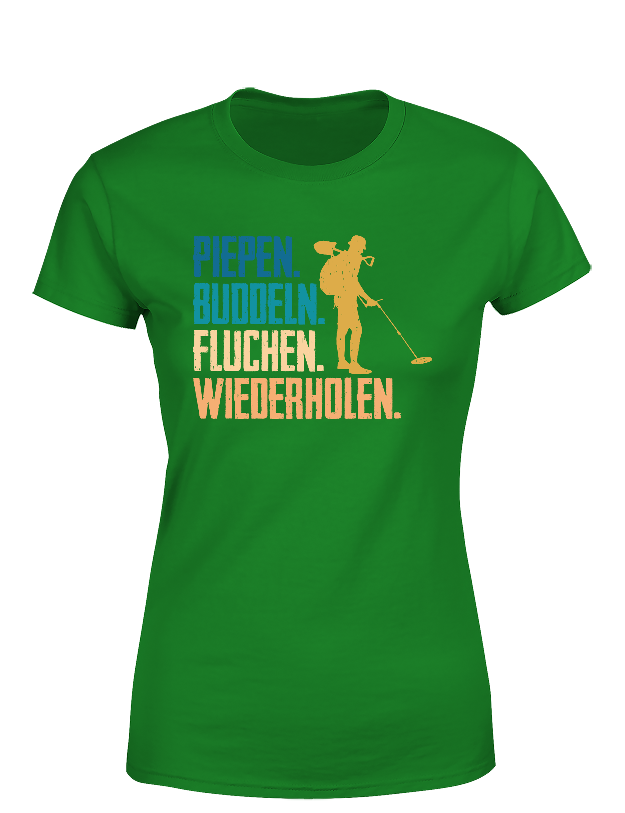 Piepen, buddeln, fluchen, wiederholen – Damen T-Shirt im Retro Stil | Lustiges Shirt für Sondlerinnen, Freizeit & Geschenkidee