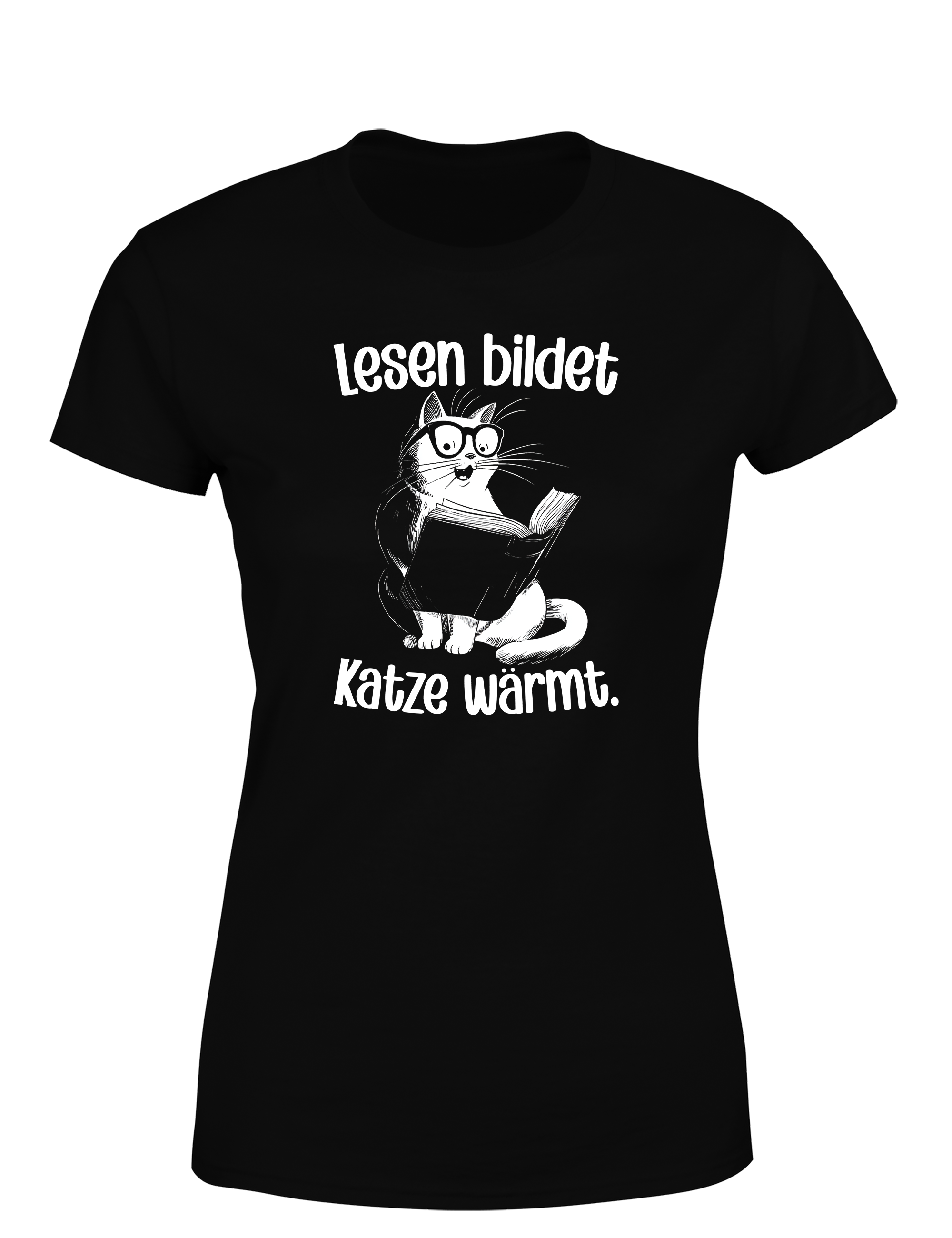 Lesen bildet, Katze wärmt – Damen T-Shirt im Retro Stil | Stylisches Damen Shirt für Katzen- & Bücherliebhaberinnen, Freizeit & Geschenkidee