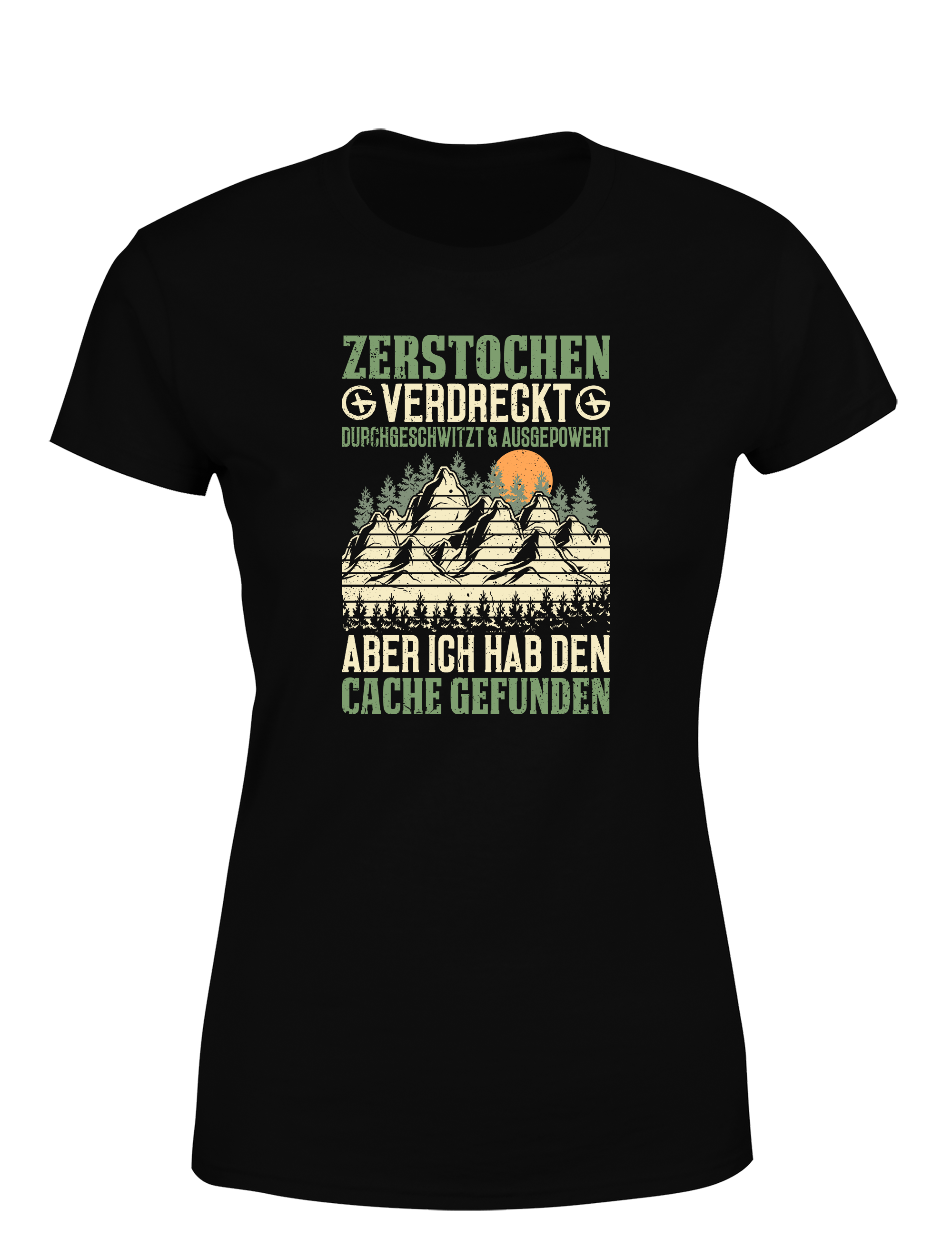 Geocaching Abenteuer – Damen T-Shirt „Zerstochene Heldin“ | Lustiges Shirt für Schatzsucherinnen & Outdoor-Abenteurerinnen