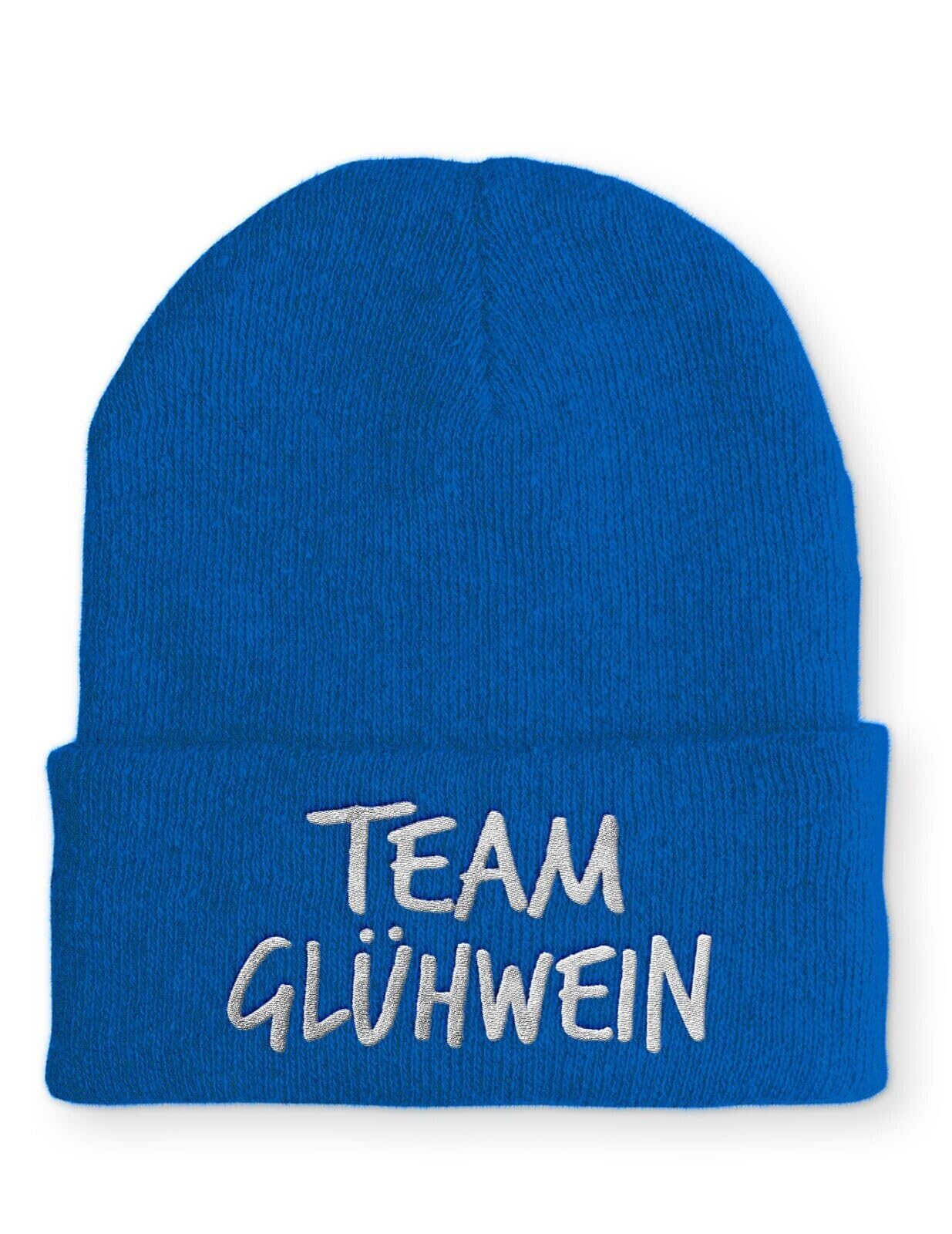 Beanie Team Glühwein Statementmütze mit gesticktem Schriftzug aus Strick für Herren und Damen Uni weich elastisch wintertauglich humorvoll Design