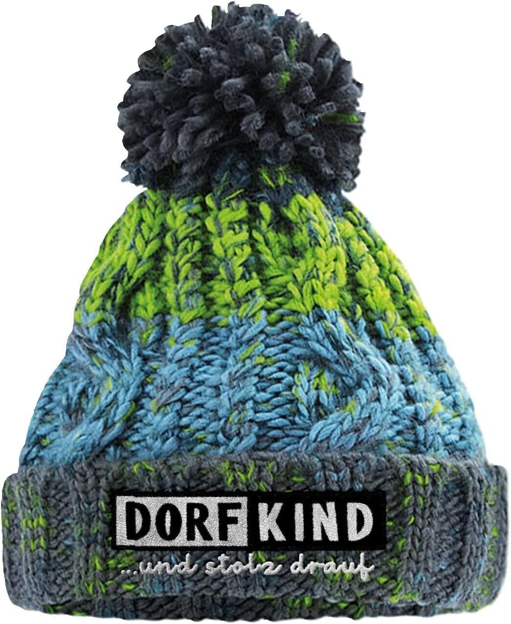 Dorfkind Kindermütze mit Statement Stick - warme Zopfmütze für Kinder mit Bommel, Beanie Mütze für Dorfkinder aus kuscheligem Polyacryl, Kindermütze für Winter Outdoor Alltag