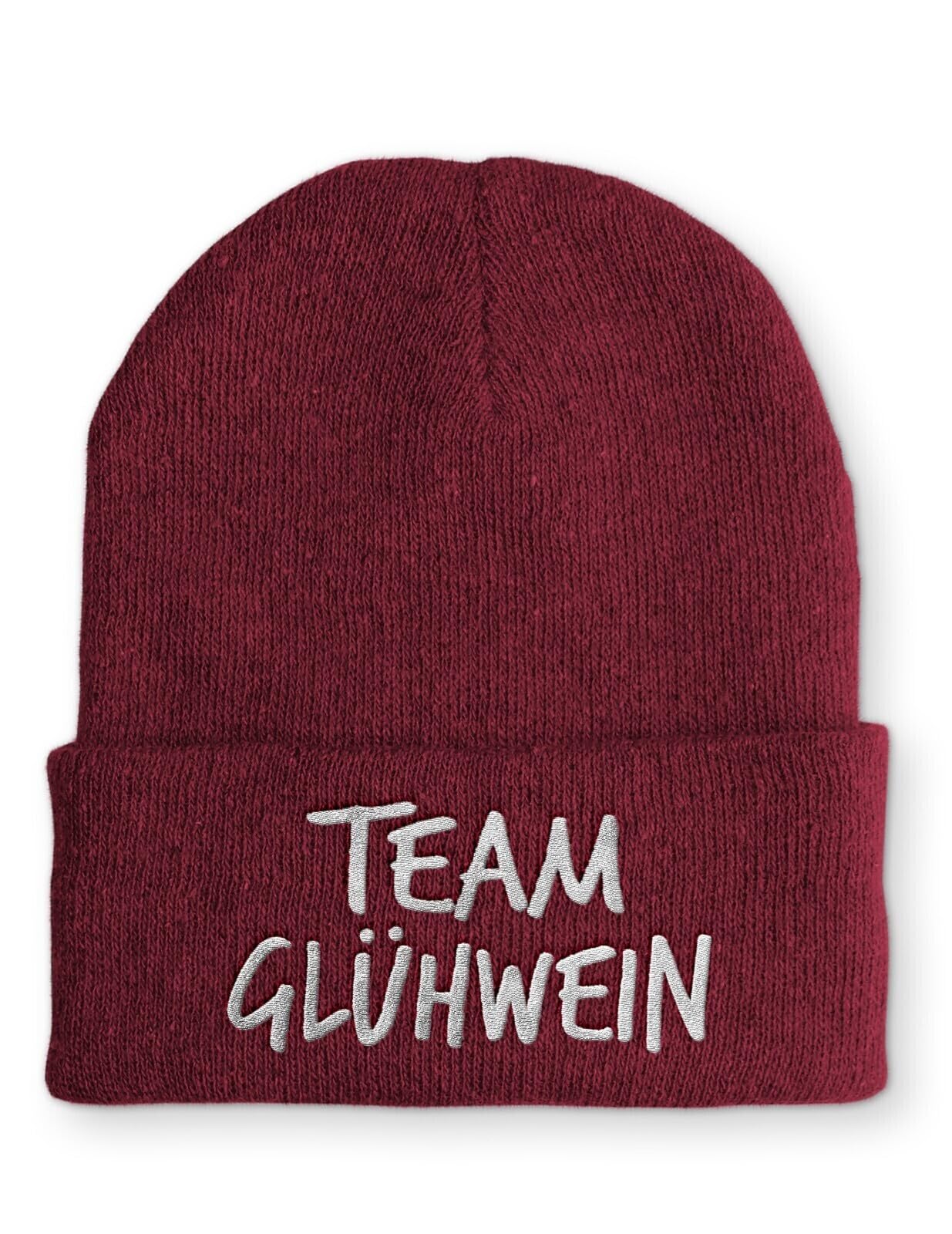 Beanie Team Glühwein Statementmütze mit gesticktem Schriftzug aus Strick für Herren und Damen Uni weich elastisch wintertauglich humorvoll Design