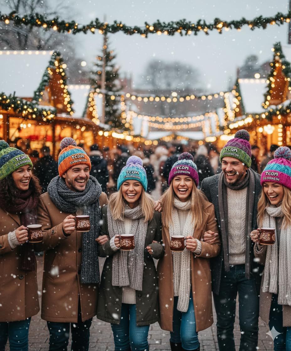 Strickmütze Team Glühwein Bommelmütze mit Stick lustige Wintermütze aus Strick für Damen und Herren Spruchmütze Unisex Beanie weich wärmend