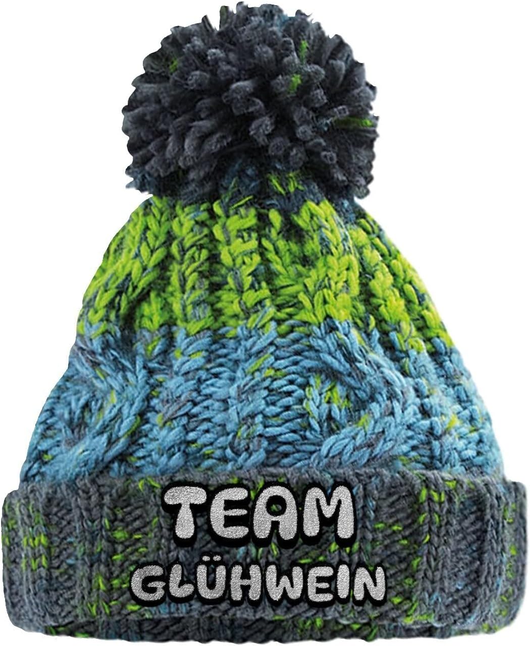 Strickmütze Team Glühwein Bommelmütze mit Stick lustige Wintermütze aus Strick für Damen und Herren Spruchmütze Unisex Beanie weich wärmend