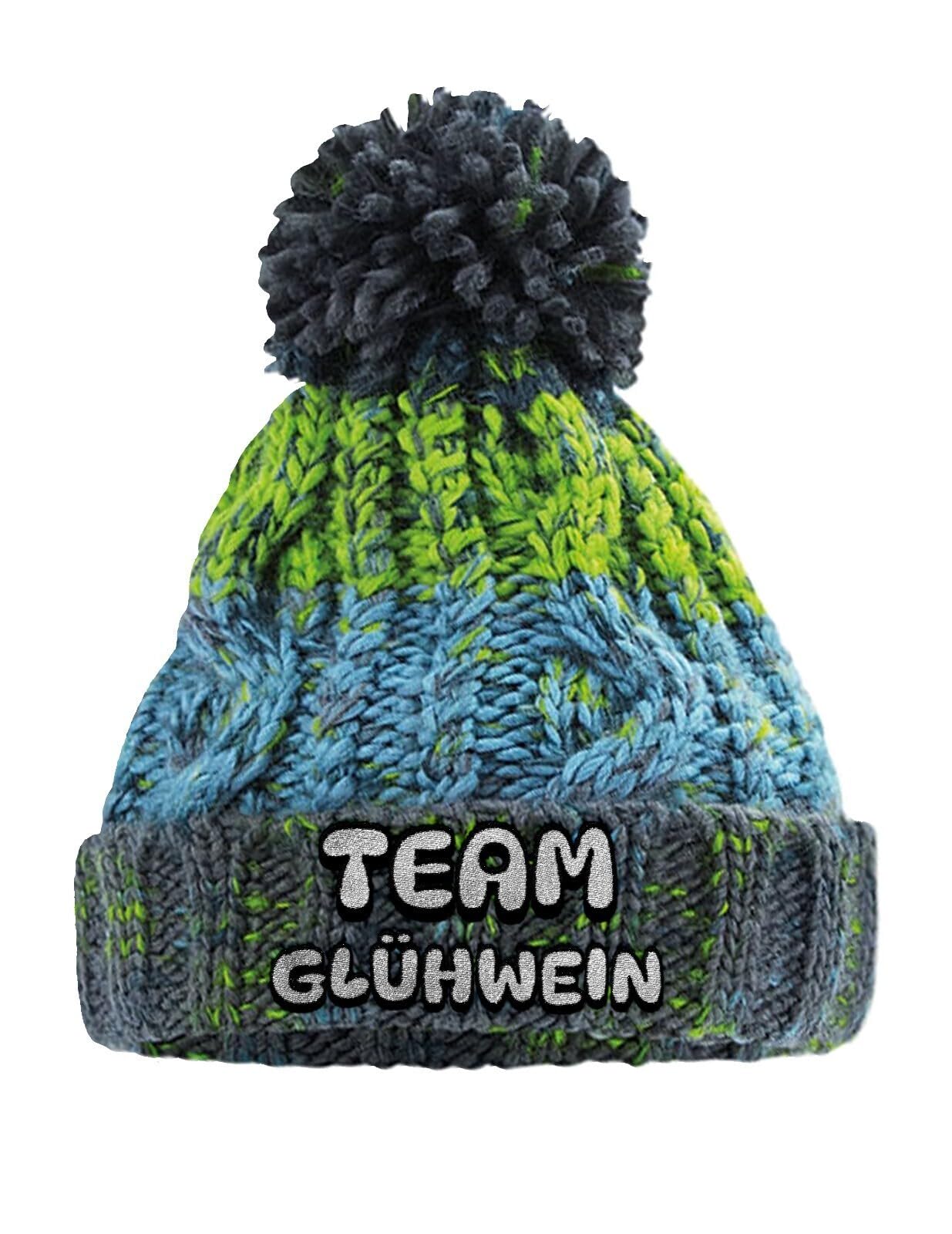 Strickmütze Team Glühwein Bommelmütze mit Stick lustige Wintermütze aus Strick für Damen und Herren Spruchmütze Unisex Beanie weich wärmend