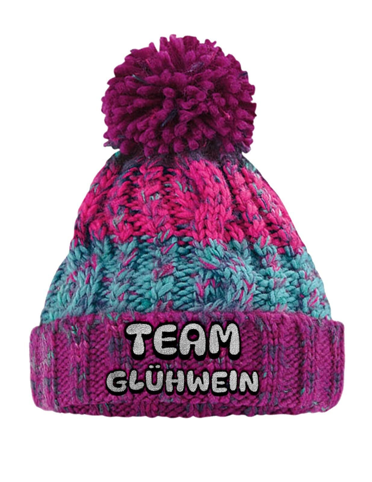 Strickmütze Team Glühwein Bommelmütze mit Stick lustige Wintermütze aus Strick für Damen und Herren Spruchmütze Unisex Beanie weich wärmend
