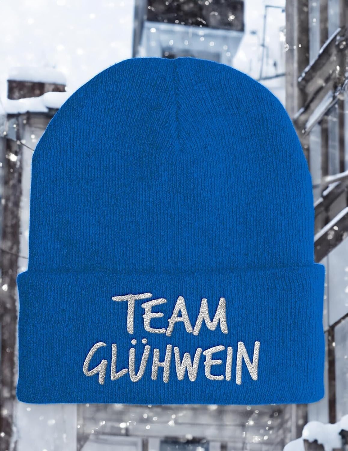 Beanie Team Glühwein Statementmütze mit gesticktem Schriftzug aus Strick für Herren und Damen Uni weich elastisch wintertauglich humorvoll Design
