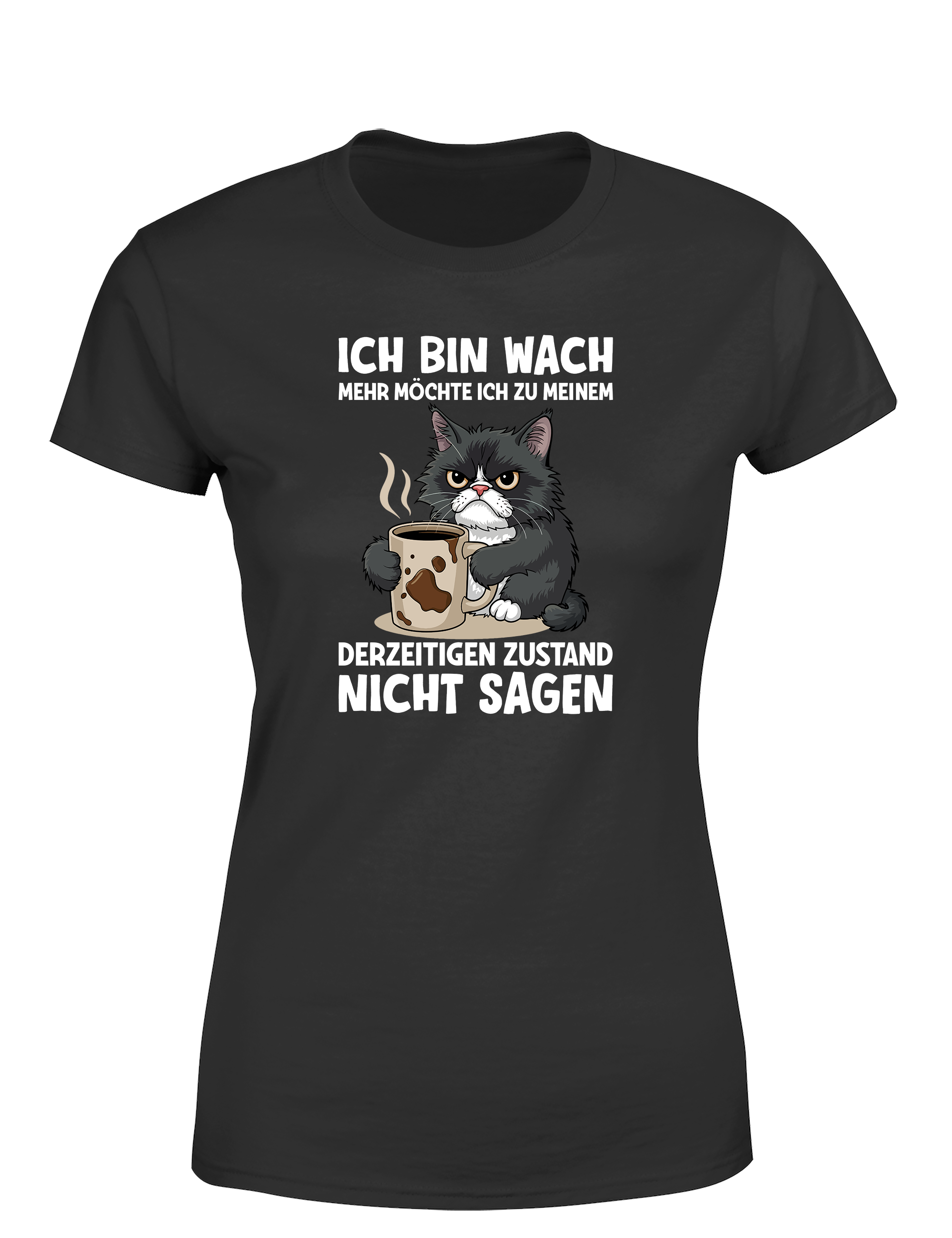 Lustiges Herren T-Shirt „Ich bin wach – mehr möchte ich dazu nicht sagen“ | Müde-Katzen Spruchshirt für Morgenmuffel