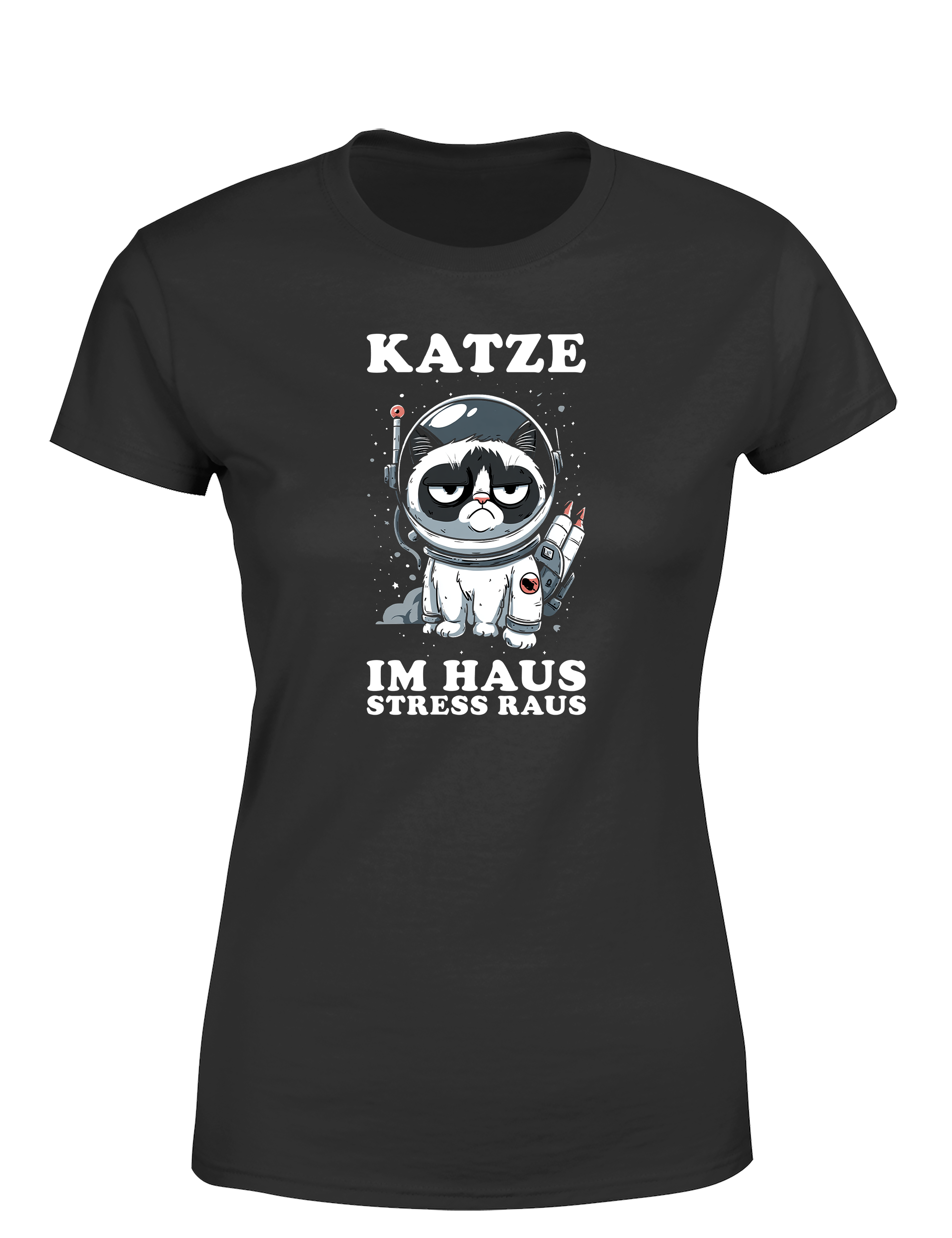 Katze im Haus, Stress raus – Damen T-Shirt im Retro Stil | Stylisches Damen Shirt für Katzenliebhaberinnen, Alltag, Freizeit & Geschenkidee