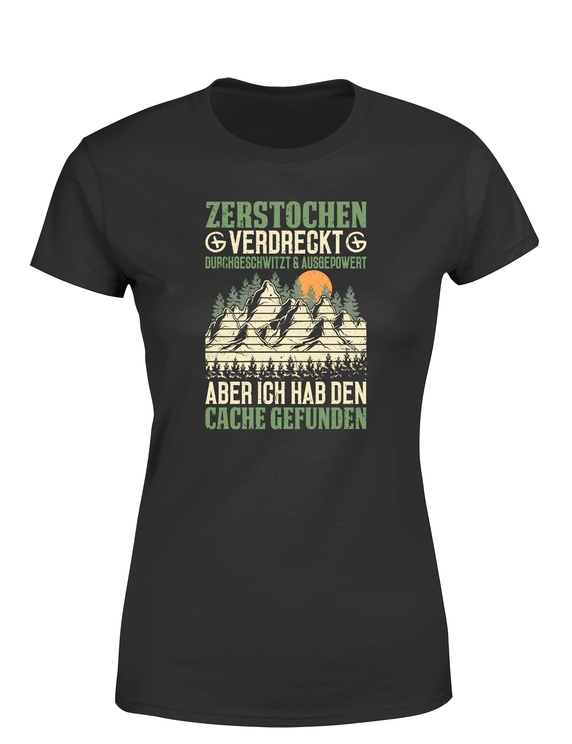 Geocaching Abenteuer – Damen T-Shirt „Zerstochene Heldin“ | Lustiges Shirt für Schatzsucherinnen & Outdoor-Abenteurerinnen