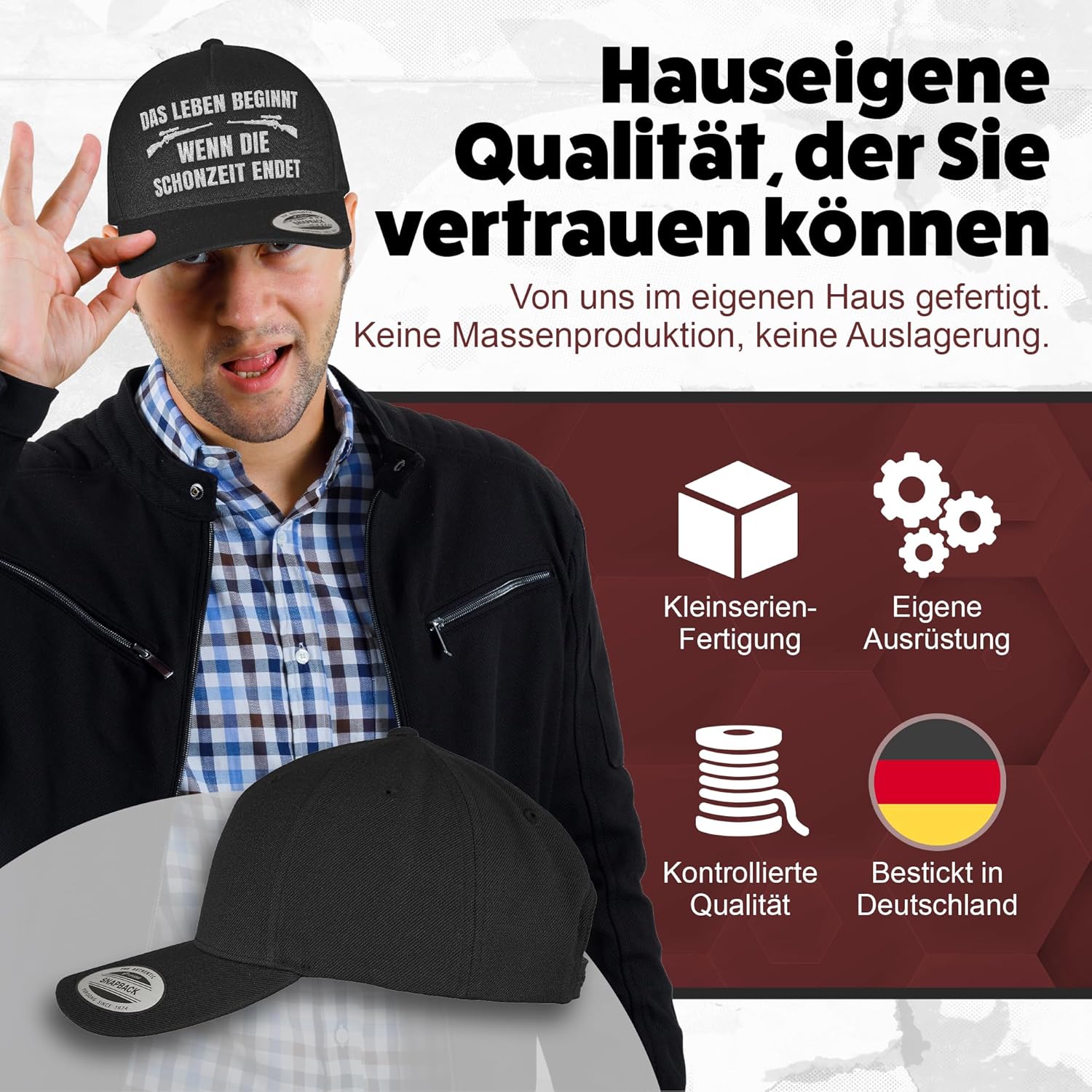 Snapback-Cap mit Wikinger-Stick – Bestickte Cap mit Helm, Axt & Hammer für Handwerker, Bushcrafter, Zimmerer, Viking-Fans und alle mit Stärke im Alltag & Beruf