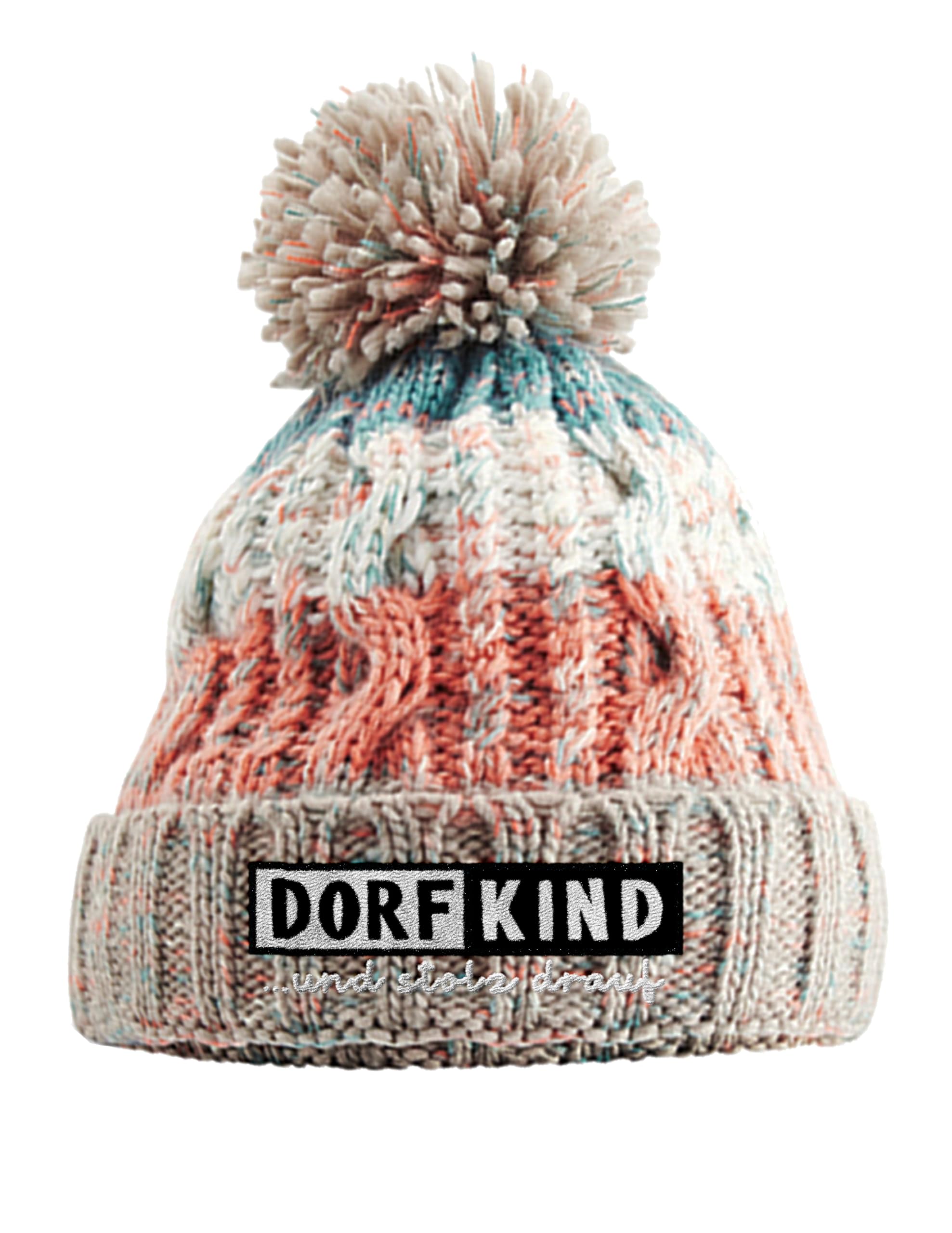 Bommelmütze mit Stickerei Dorfkind und stolz Drauf aus mehrfarbigem Strick mit Zopfmuster doppellagig warm gefüttert mit Thermalband Unisex Wintermütze