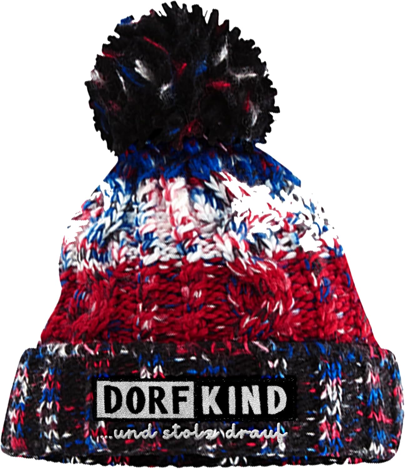 Bommelmütze mit Stickerei Dorfkind und stolz Drauf aus mehrfarbigem Strick mit Zopfmuster doppellagig warm gefüttert mit Thermalband Unisex Wintermütze