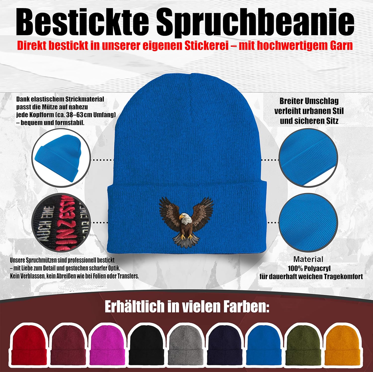 Strickmütze Majestic Eagle Bestickt mit Adler Motiv Wintermütze aus weichem Strickmaterial für Damen und Herren Unisex Beanie mit Tierstickerei