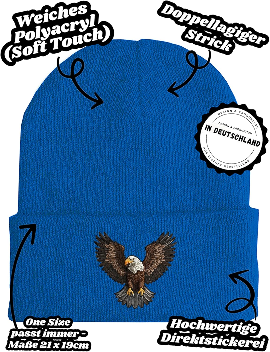 Strickmütze Majestic Eagle Bestickt mit Adler Motiv Wintermütze aus weichem Strickmaterial für Damen und Herren Unisex Beanie mit Tierstickerei