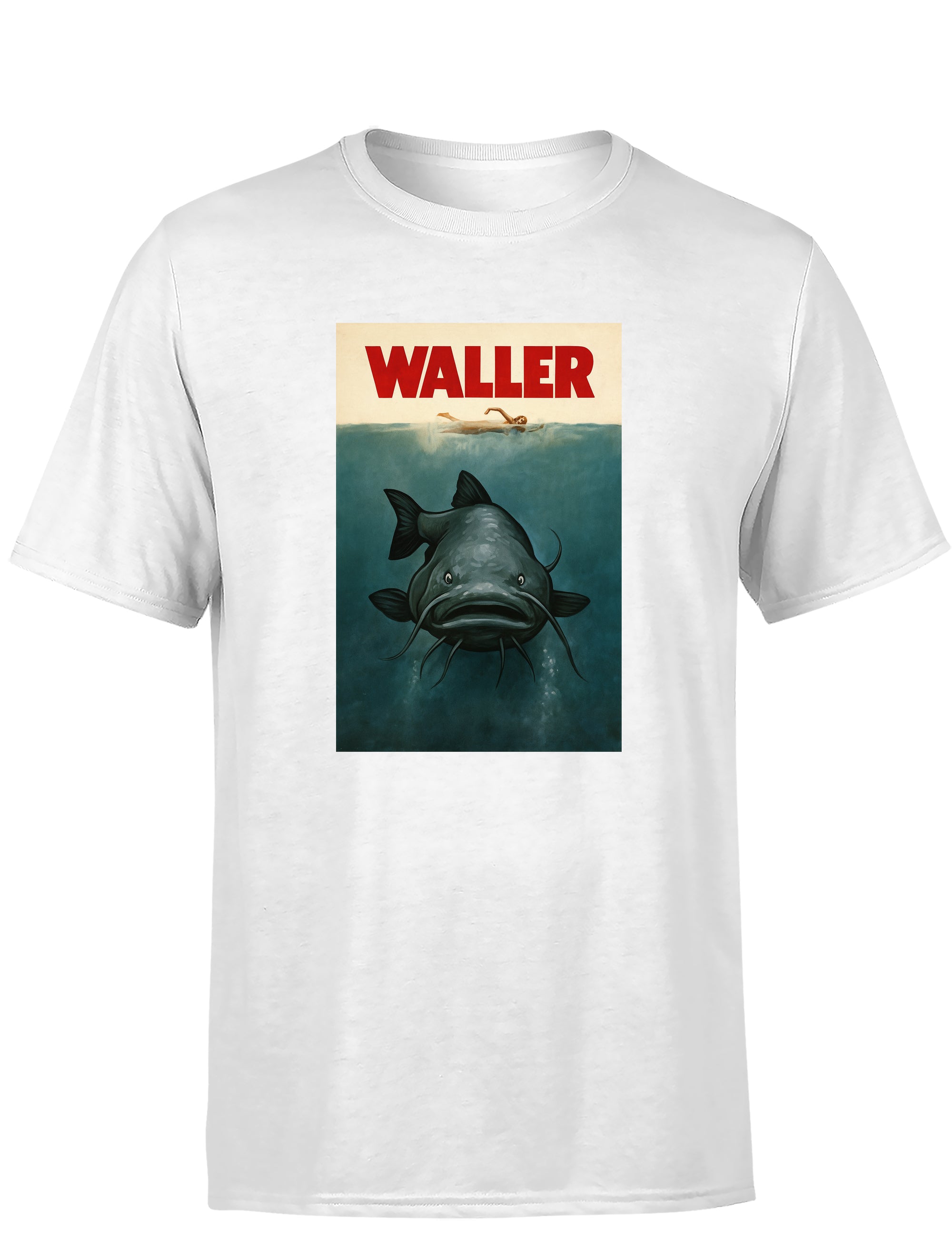 Waller T-Shirt weiß mit riesigem Wels Motiv für Angler – Lustiges Herren Shirt mit Fischdesign in Anlehnung an Kultfilm Motiv – Funshirt Männer zum Angeln