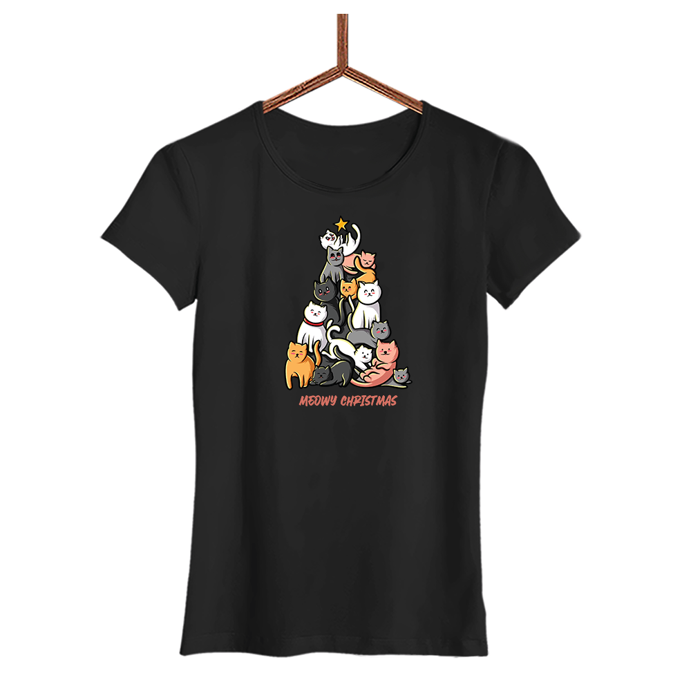 Damen T-Shirt Meowy Christmas - Schwarzer - Kaffee