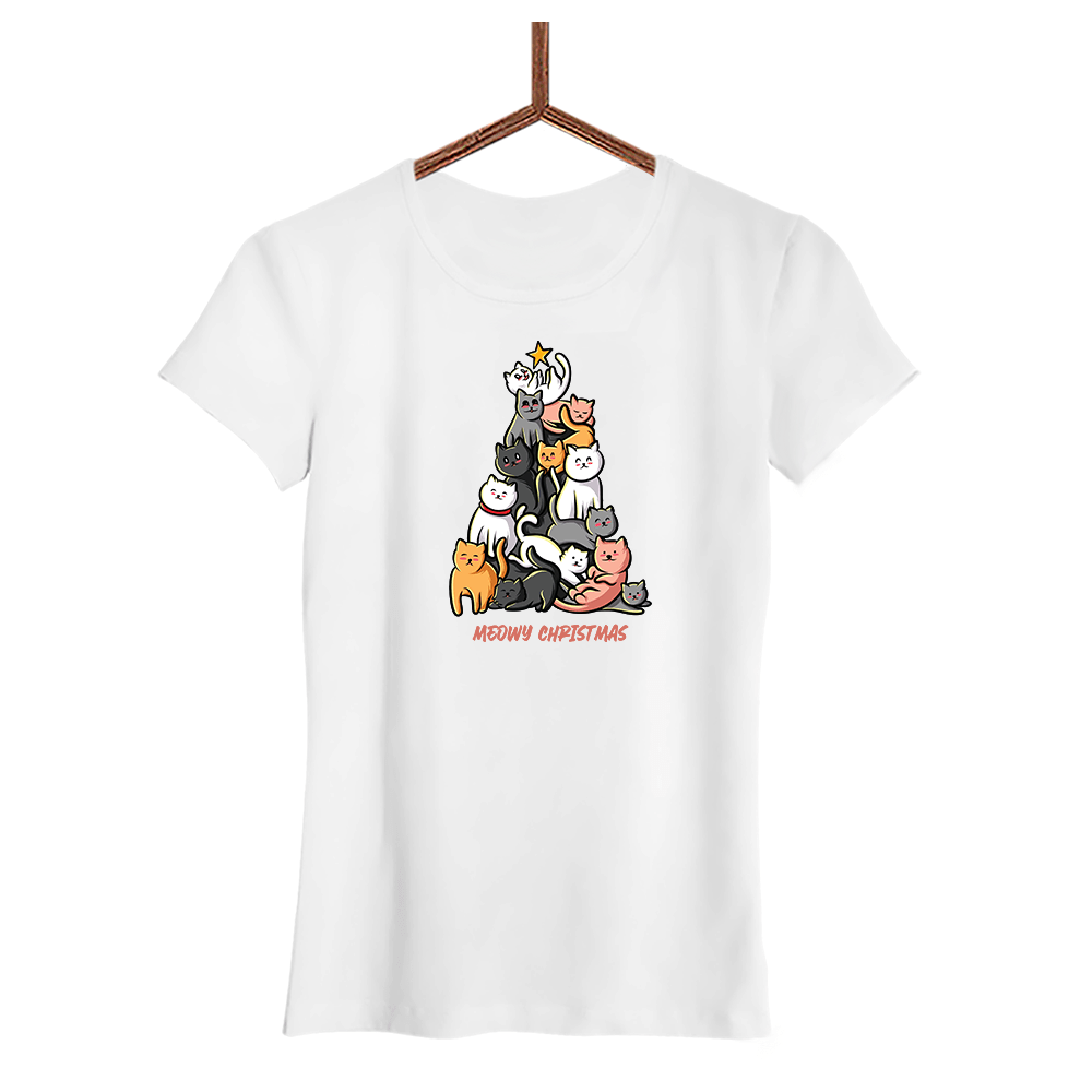Damen T-Shirt Meowy Christmas - Schwarzer - Kaffee