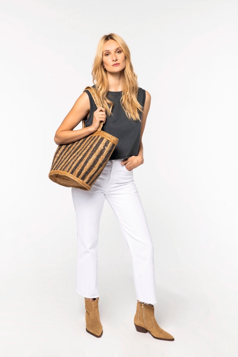 Gestreifte Korbtasche aus Seegras - Schwarzer - Kaffee