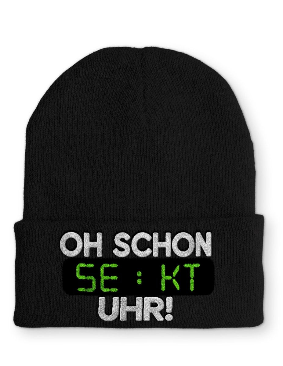 Oh schon Sekt Uhr Statement Beanie Mütze mit Spruch - Schwarzer - Kaffee
