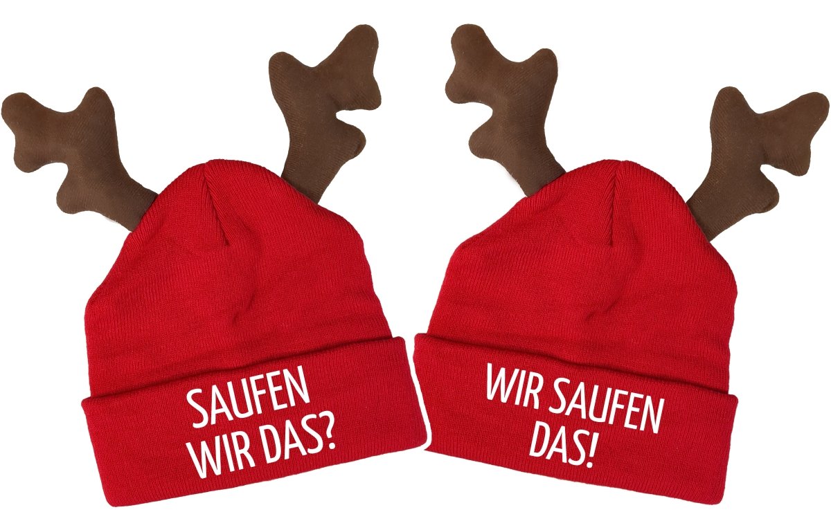 RENTIER STRICKMÜTZE SAUFEN WIR DAS | WIR SAUFEN DAS HÜBSCH DUO STATEMENT BEANIE ELCH MÜTZE MIT SPRUCH - Schwarzer - Kaffee