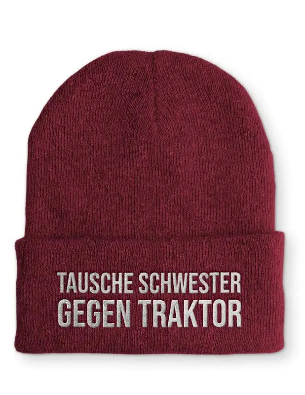 Tausche Schwester gegen Traktor Statement Beanie Mütze mit Spruch - tshirtladen - Mütze