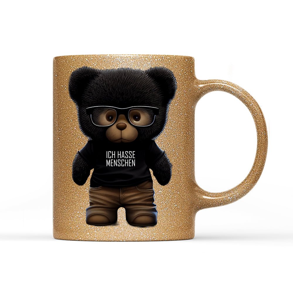 Tasse Glitzer Teddybär Ich hasse Menschen - Schwarzer - Kaffee