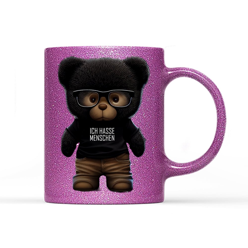 Tasse Glitzer Teddybär Ich hasse Menschen - Schwarzer - Kaffee