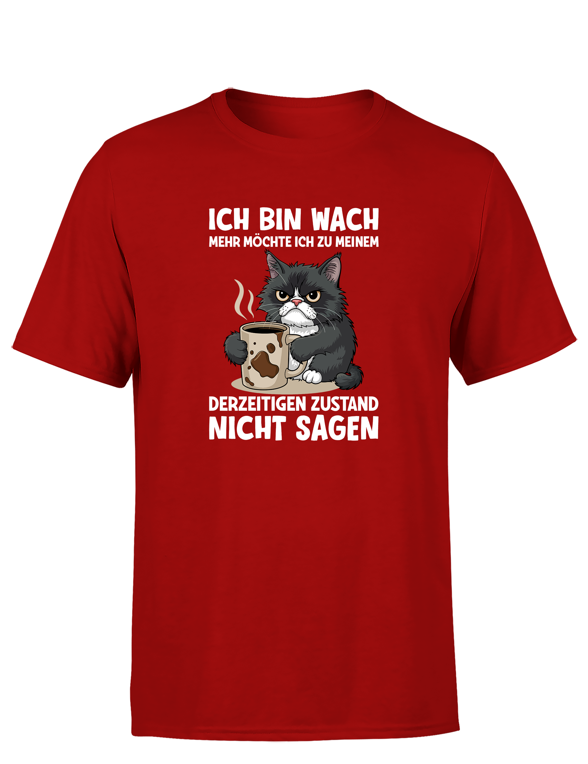 Lustiges Herren T-Shirt „Ich bin wach – mehr möchte ich dazu nicht sagen“ | Müde-Katzen Spruchshirt für Morgenmuffel