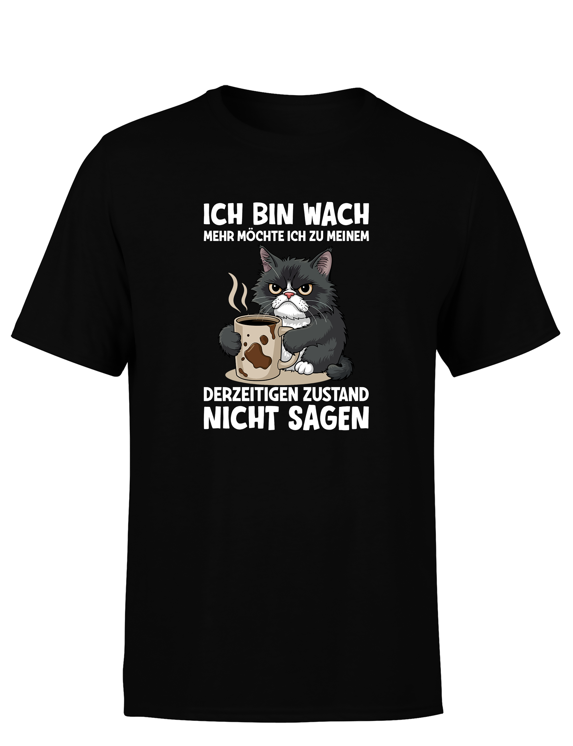 Lustiges Herren T-Shirt „Ich bin wach – mehr möchte ich dazu nicht sagen“ | Müde-Katzen Spruchshirt für Morgenmuffel