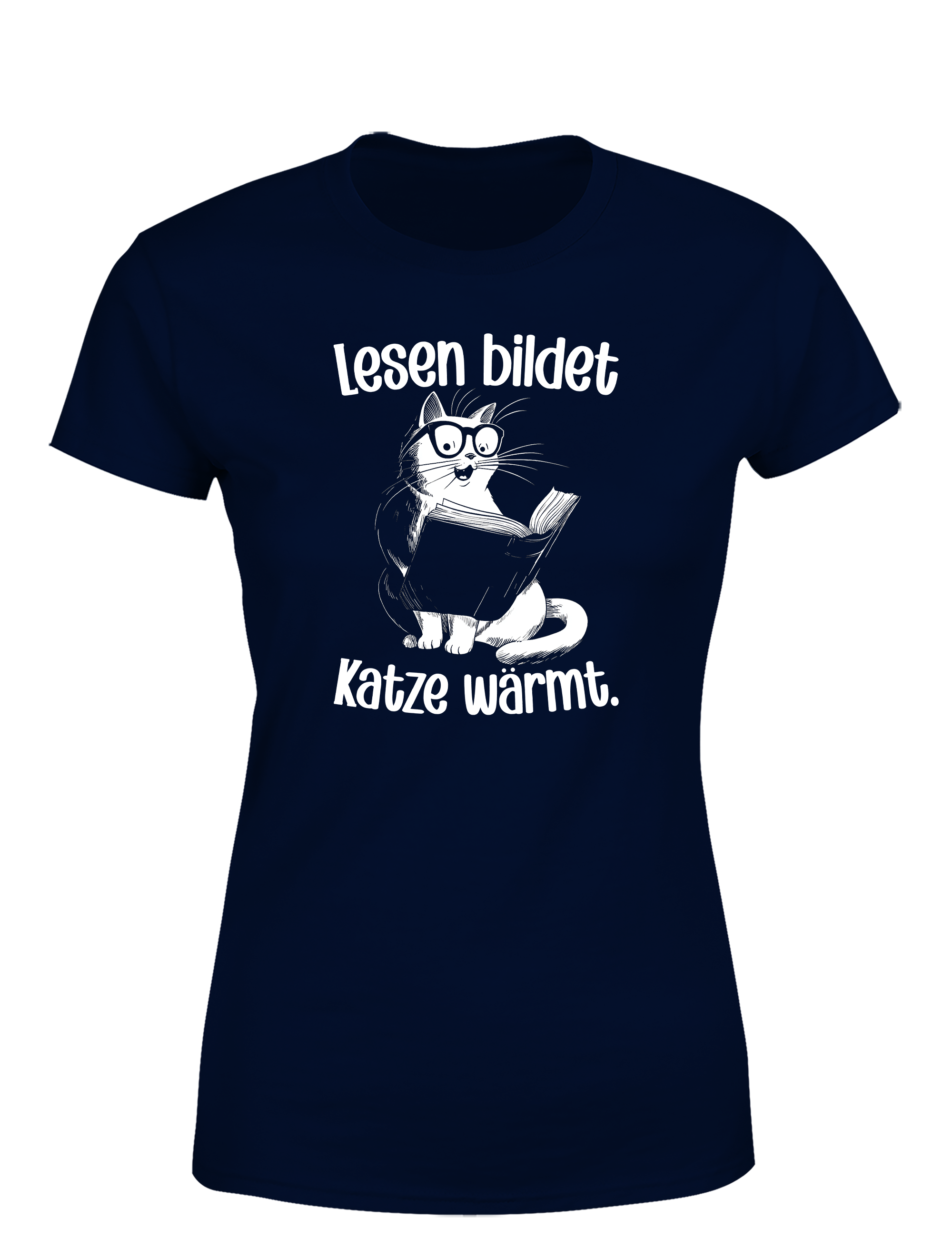 Lesen bildet, Katze wärmt – Damen T-Shirt im Retro Stil | Stylisches Damen Shirt für Katzen- & Bücherliebhaberinnen, Freizeit & Geschenkidee