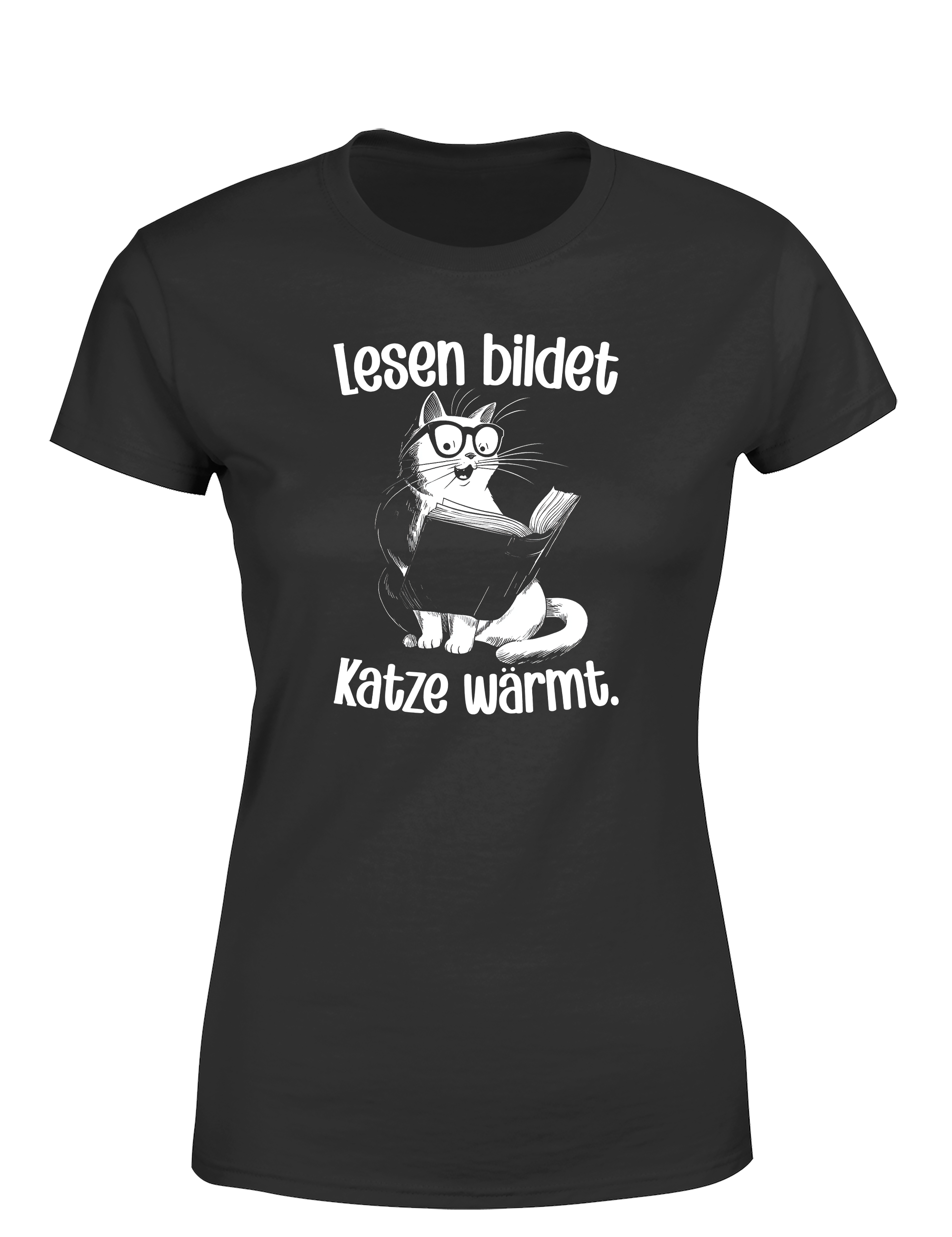Lesen bildet, Katze wärmt – Damen T-Shirt im Retro Stil | Stylisches Damen Shirt für Katzen- & Bücherliebhaberinnen, Freizeit & Geschenkidee