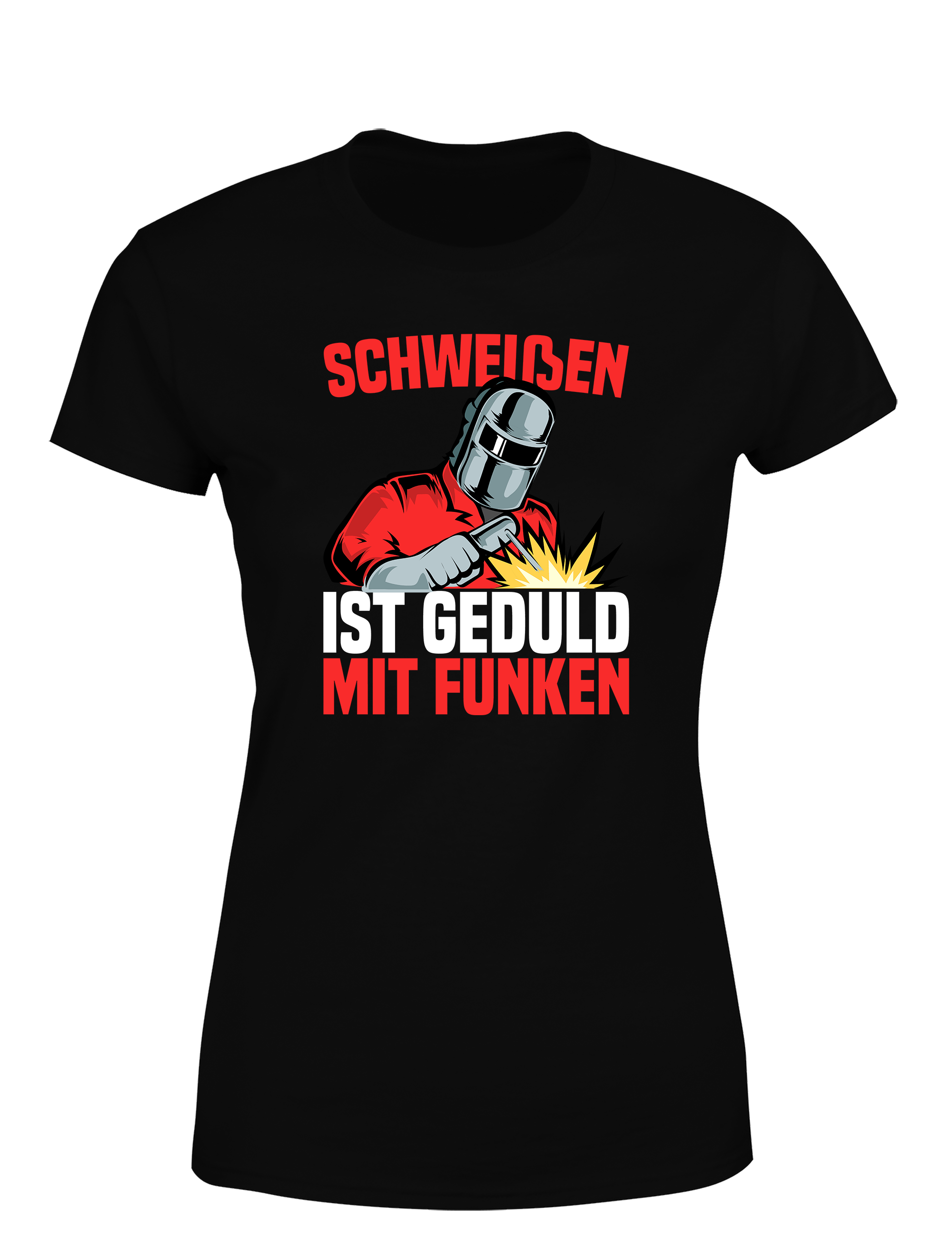 Schweißen ist Geduld mit Funken – Damen T-Shirt im Retro Stil | Lustiges Shirt für Schweißerinnen, Metallbauerinnen & Handwerkerinnen