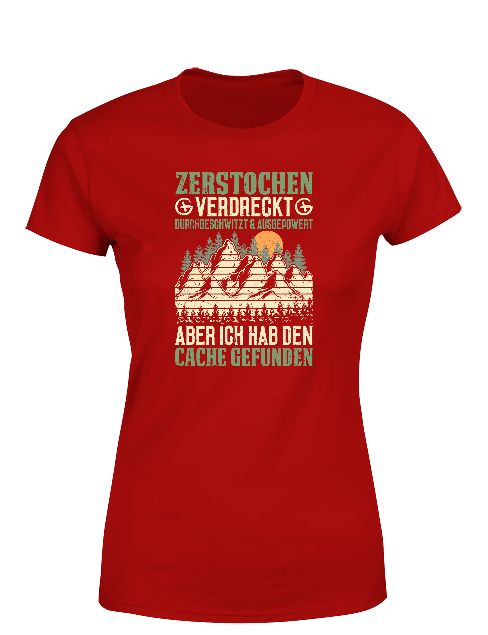 Geocaching Abenteuer – Damen T-Shirt „Zerstochene Heldin“ | Lustiges Shirt für Schatzsucherinnen & Outdoor-Abenteurerinnen