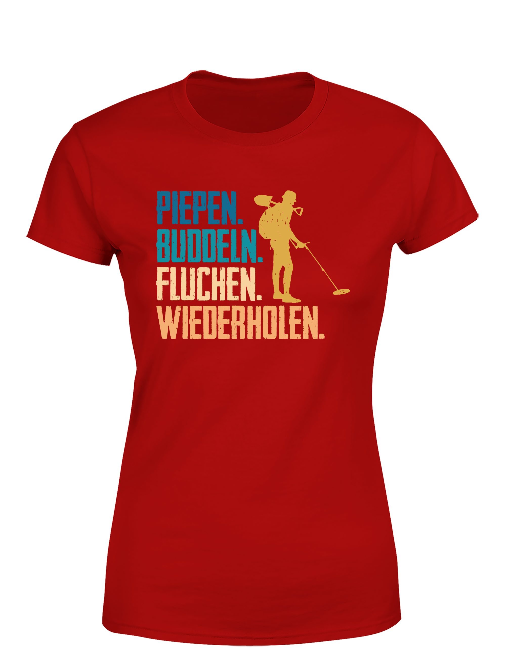 Piepen, buddeln, fluchen, wiederholen – Damen T-Shirt im Retro Stil | Lustiges Shirt für Sondlerinnen, Freizeit & Geschenkidee