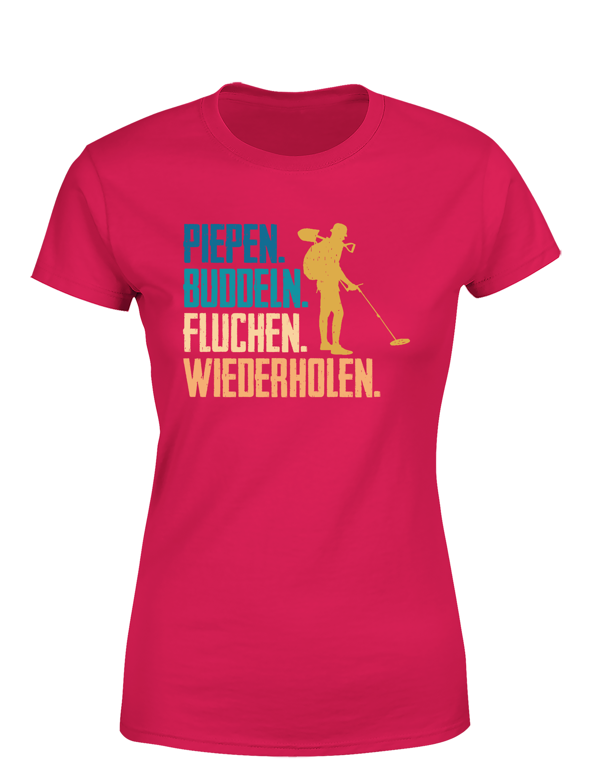 Piepen, buddeln, fluchen, wiederholen – Damen T-Shirt im Retro Stil | Lustiges Shirt für Sondlerinnen, Freizeit & Geschenkidee