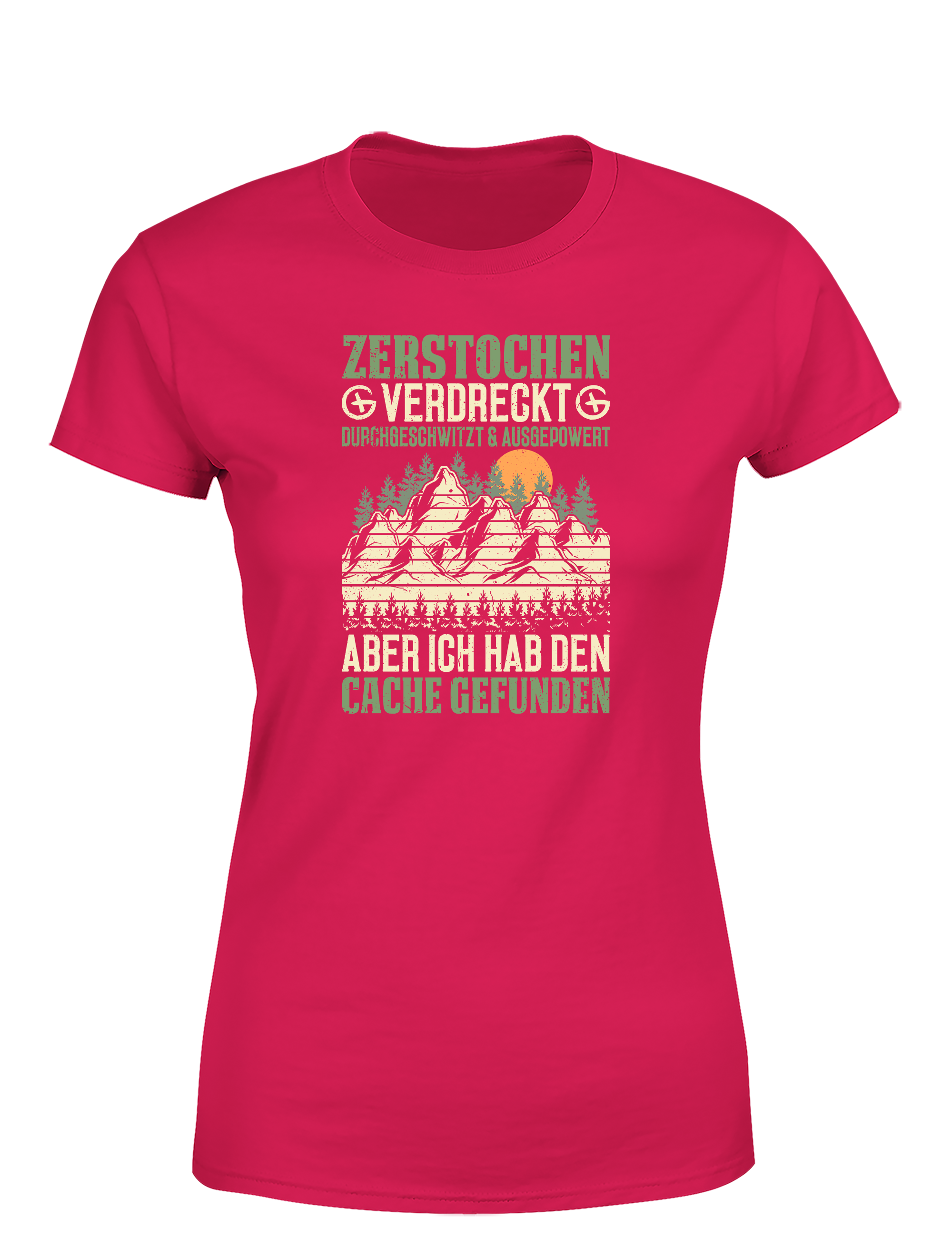 Geocaching Abenteuer – Damen T-Shirt „Zerstochene Heldin“ | Lustiges Shirt für Schatzsucherinnen & Outdoor-Abenteurerinnen