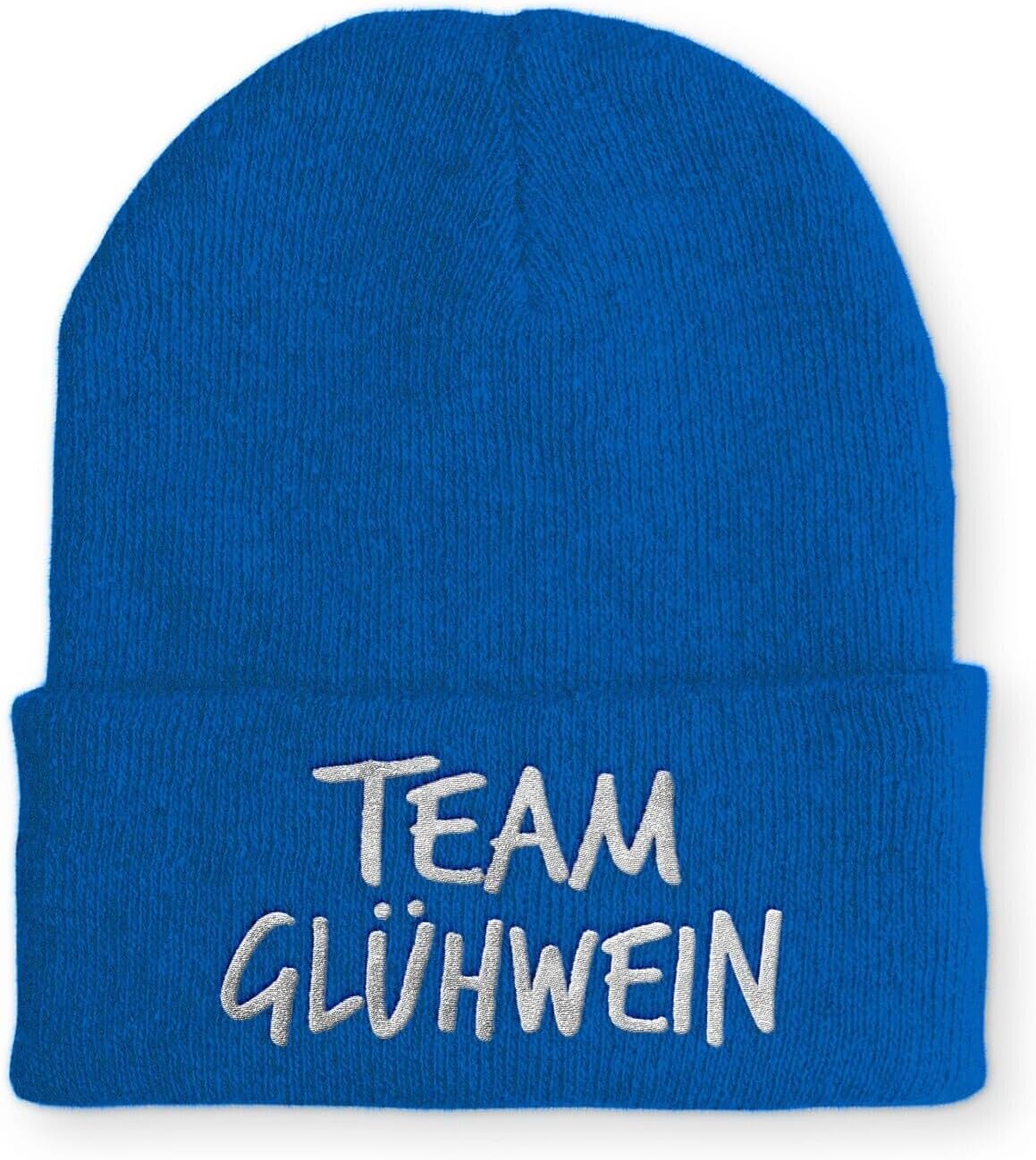 Beanie Team Glühwein Statementmütze mit gesticktem Schriftzug aus Strick für Herren und Damen Uni weich elastisch wintertauglich humorvoll Design