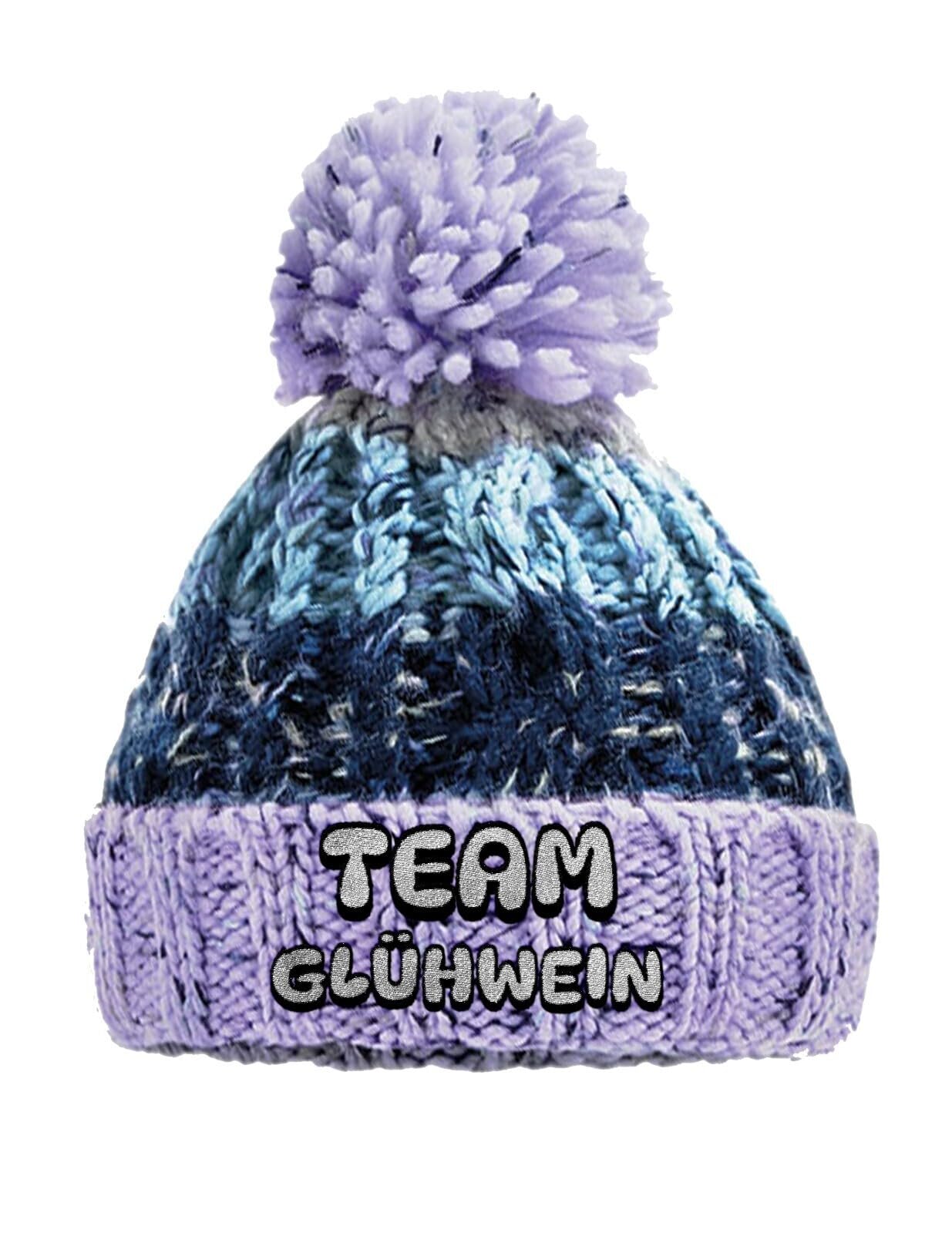 Strickmütze Team Glühwein Bommelmütze mit Stick lustige Wintermütze aus Strick für Damen und Herren Spruchmütze Unisex Beanie weich wärmend