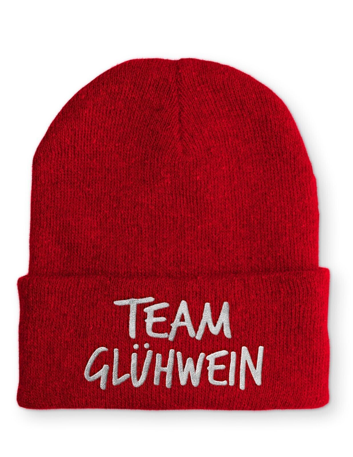 Beanie Team Glühwein Statementmütze mit gesticktem Schriftzug aus Strick für Herren und Damen Uni weich elastisch wintertauglich humorvoll Design