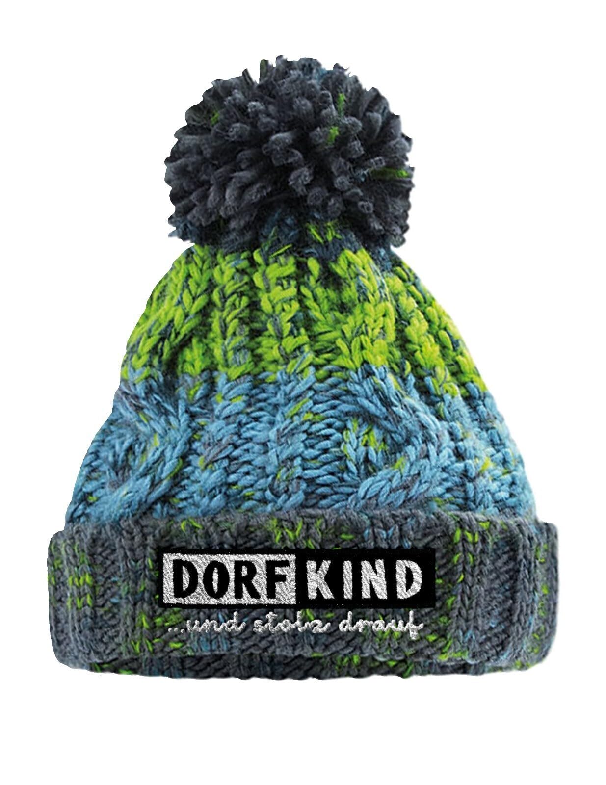 Bommelmütze mit Stickerei Dorfkind und stolz Drauf aus mehrfarbigem Strick mit Zopfmuster doppellagig warm gefüttert mit Thermalband Unisex Wintermütze