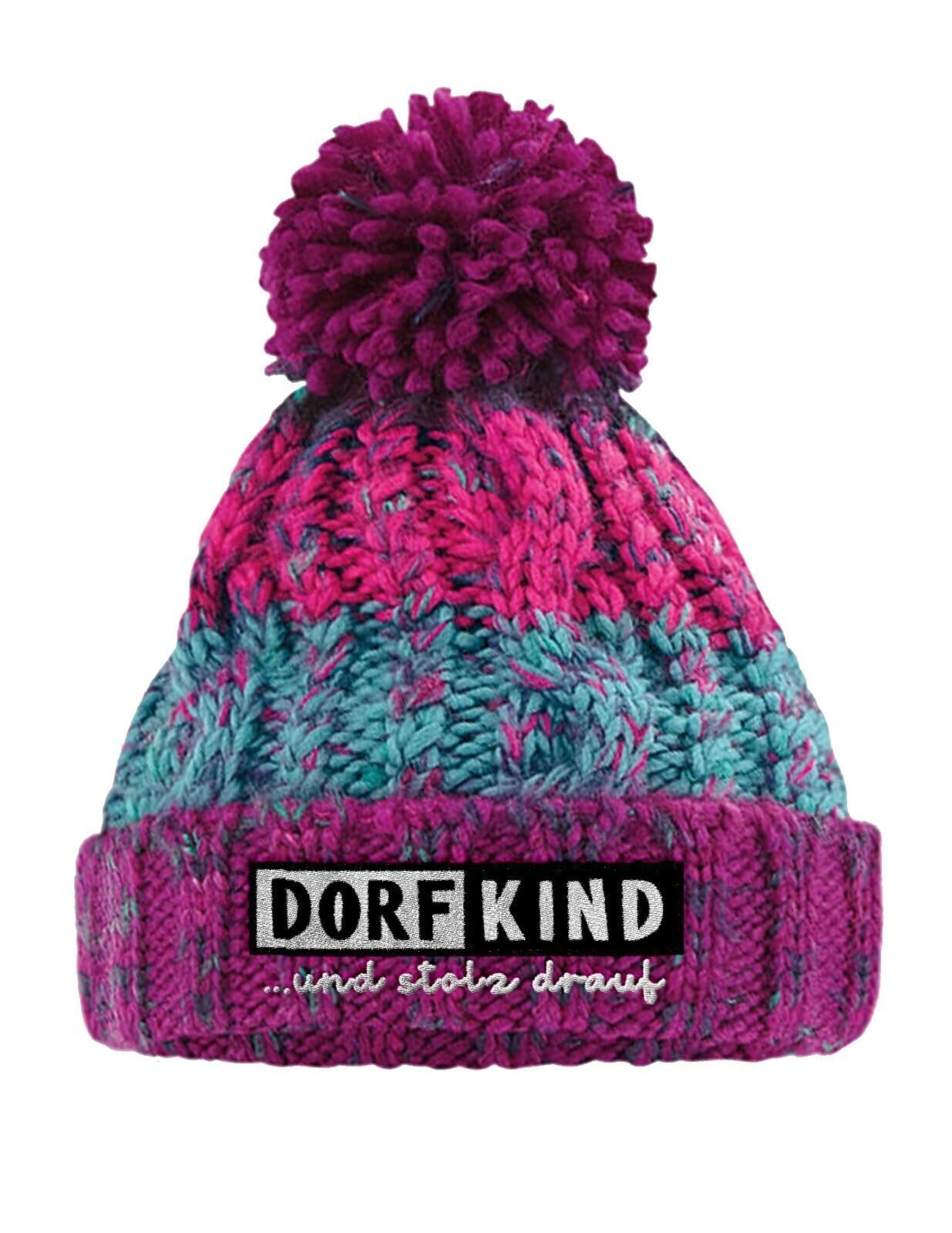 Bommelmütze mit Stickerei Dorfkind und stolz Drauf aus mehrfarbigem Strick mit Zopfmuster doppellagig warm gefüttert mit Thermalband Unisex Wintermütze