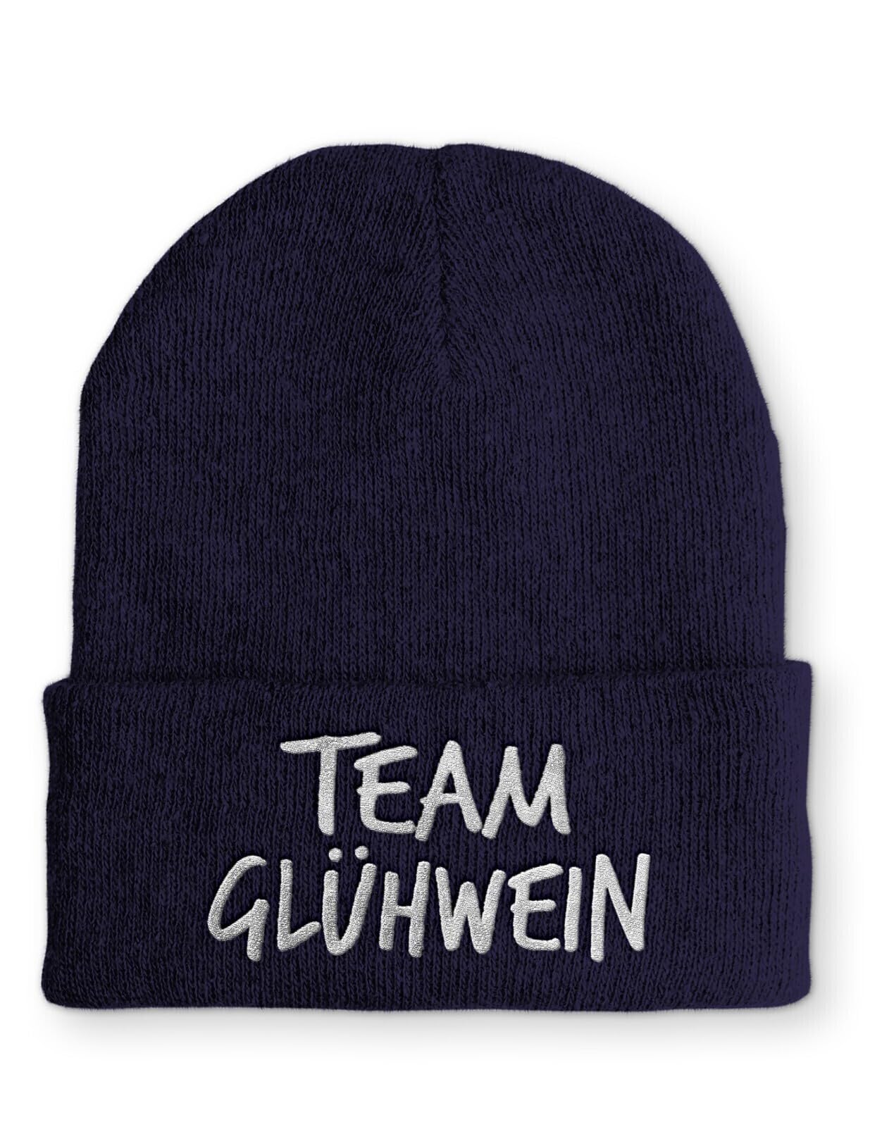 Beanie Team Glühwein Statementmütze mit gesticktem Schriftzug aus Strick für Herren und Damen Uni weich elastisch wintertauglich humorvoll Design