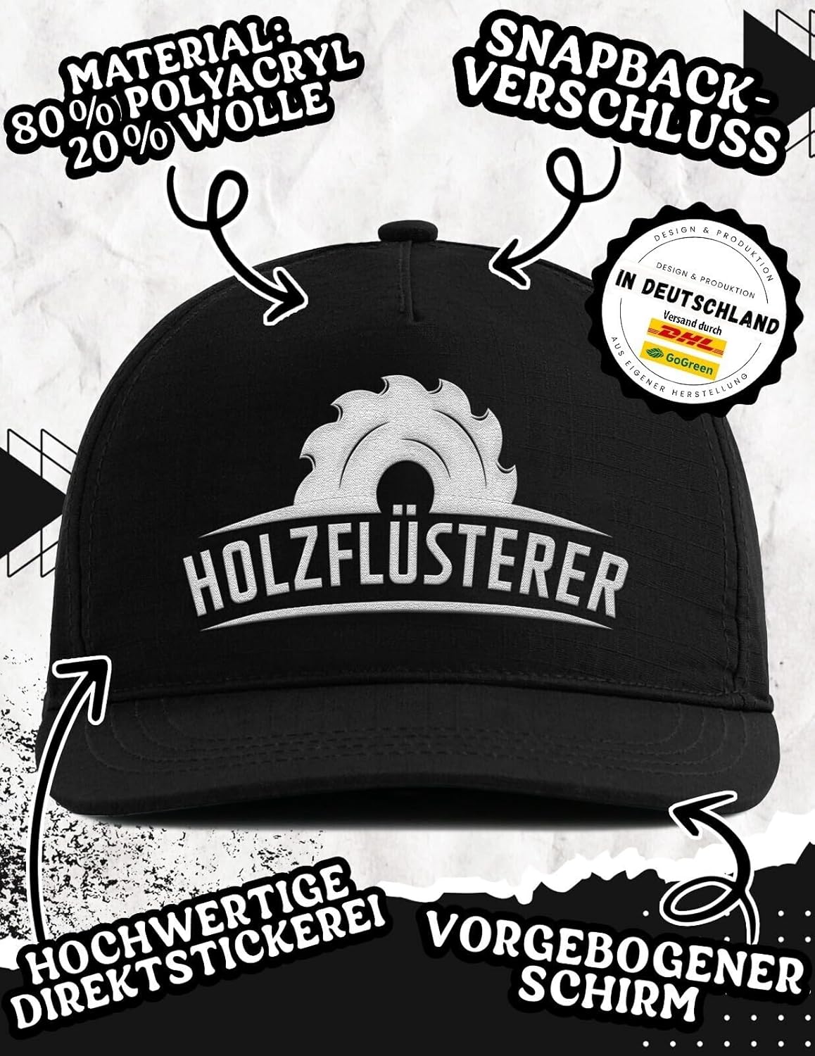 Snapback Cap Holzflüsterer - Lustige Arbeitskleidung für Handwerker, Schreiner, Tischler & Zimmerer - Geschenkidee mit Sägeblatt Design - Stickerei - One Size verstellbar