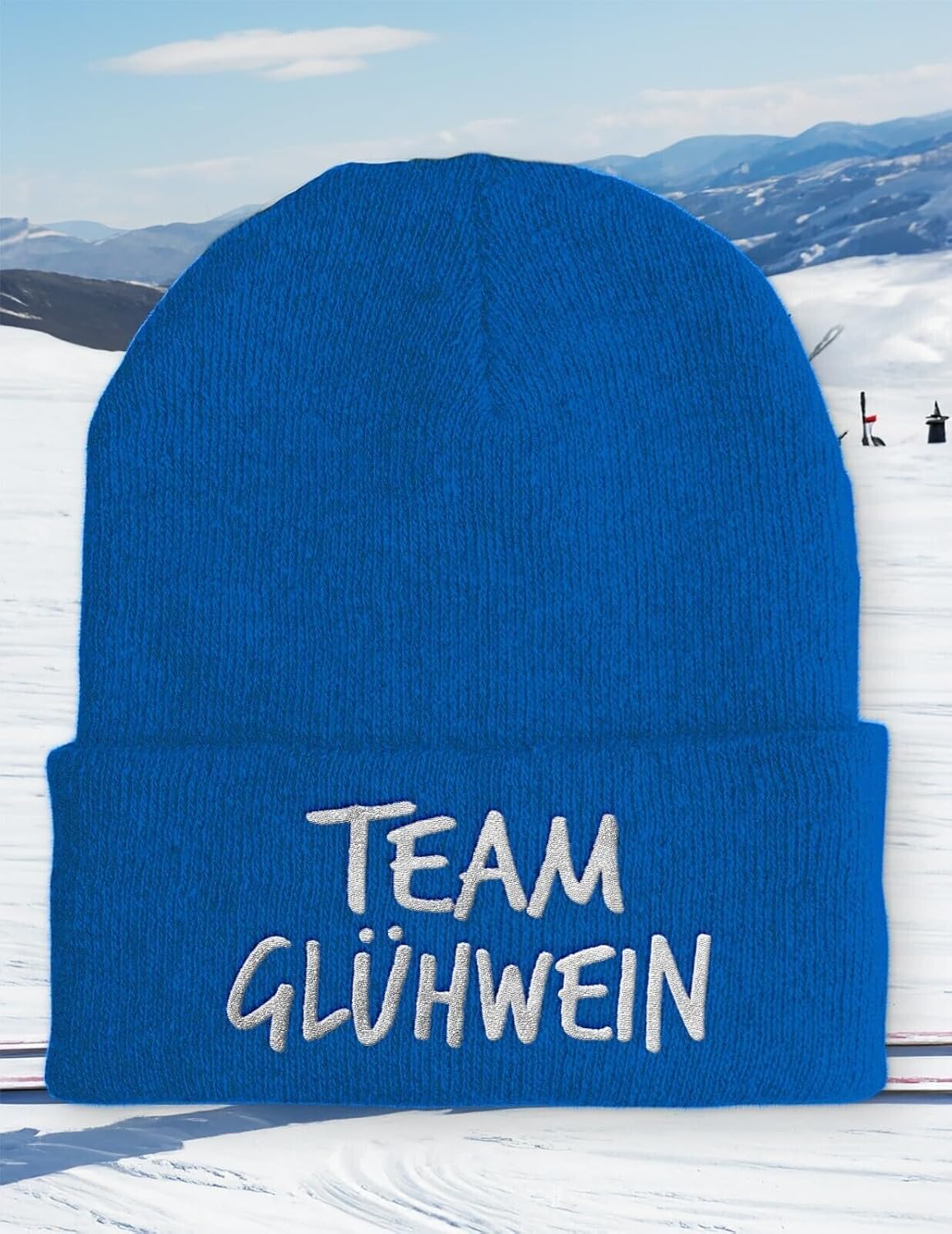 Beanie Team Glühwein Statementmütze mit gesticktem Schriftzug aus Strick für Herren und Damen Uni weich elastisch wintertauglich humorvoll Design