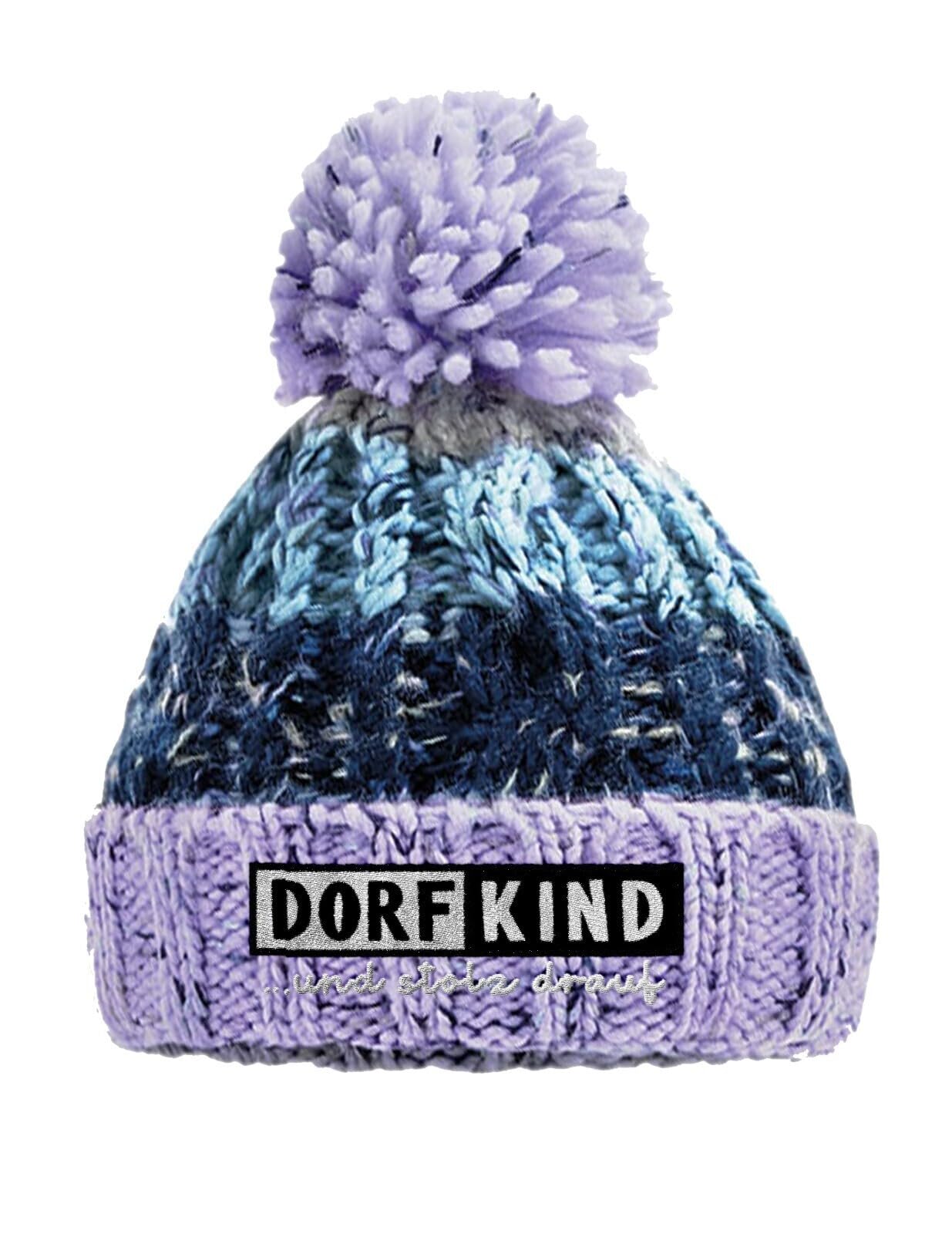 Bommelmütze mit Stickerei Dorfkind und stolz Drauf aus mehrfarbigem Strick mit Zopfmuster doppellagig warm gefüttert mit Thermalband Unisex Wintermütze