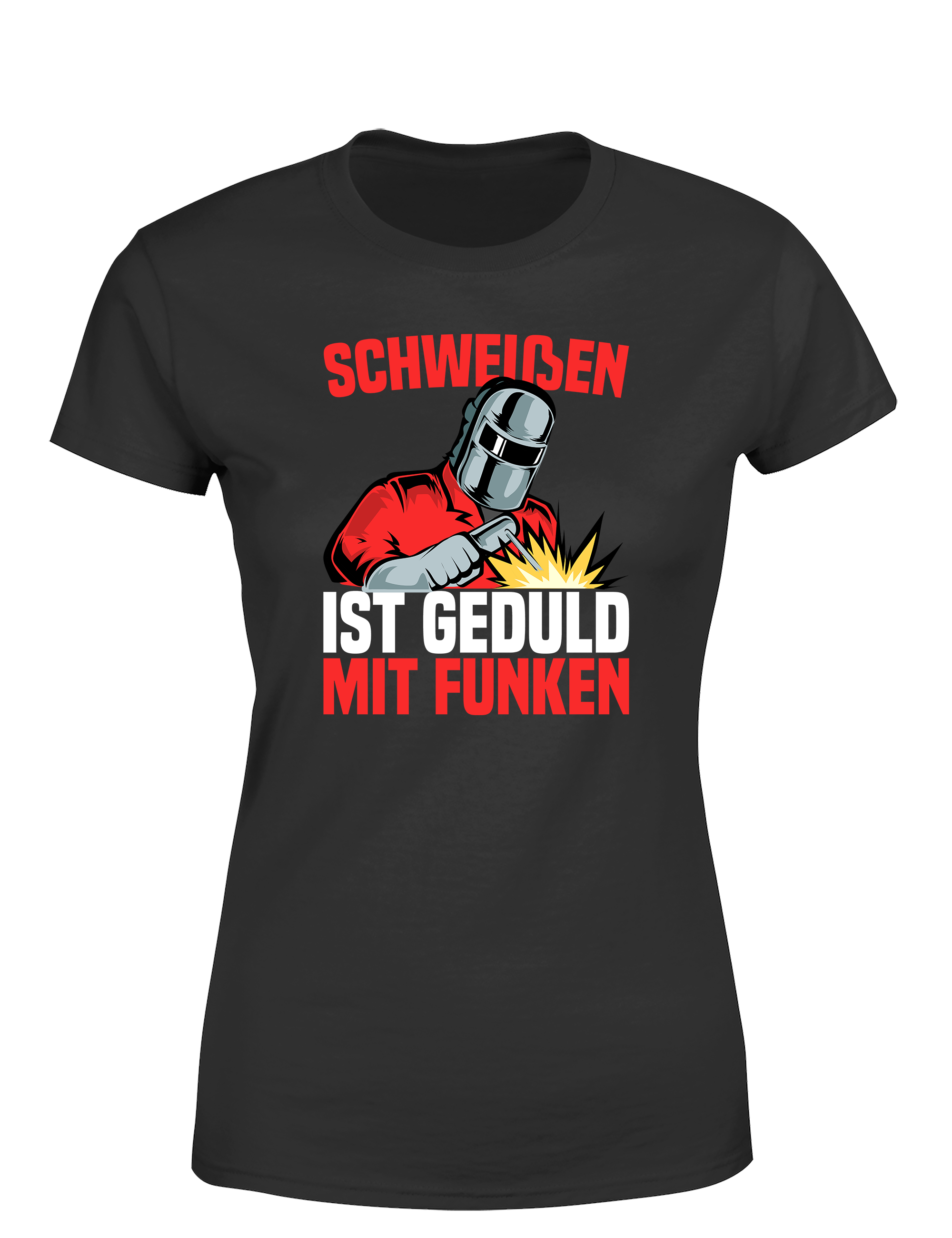 Schweißen ist Geduld mit Funken – Damen T-Shirt im Retro Stil | Lustiges Shirt für Schweißerinnen, Metallbauerinnen & Handwerkerinnen