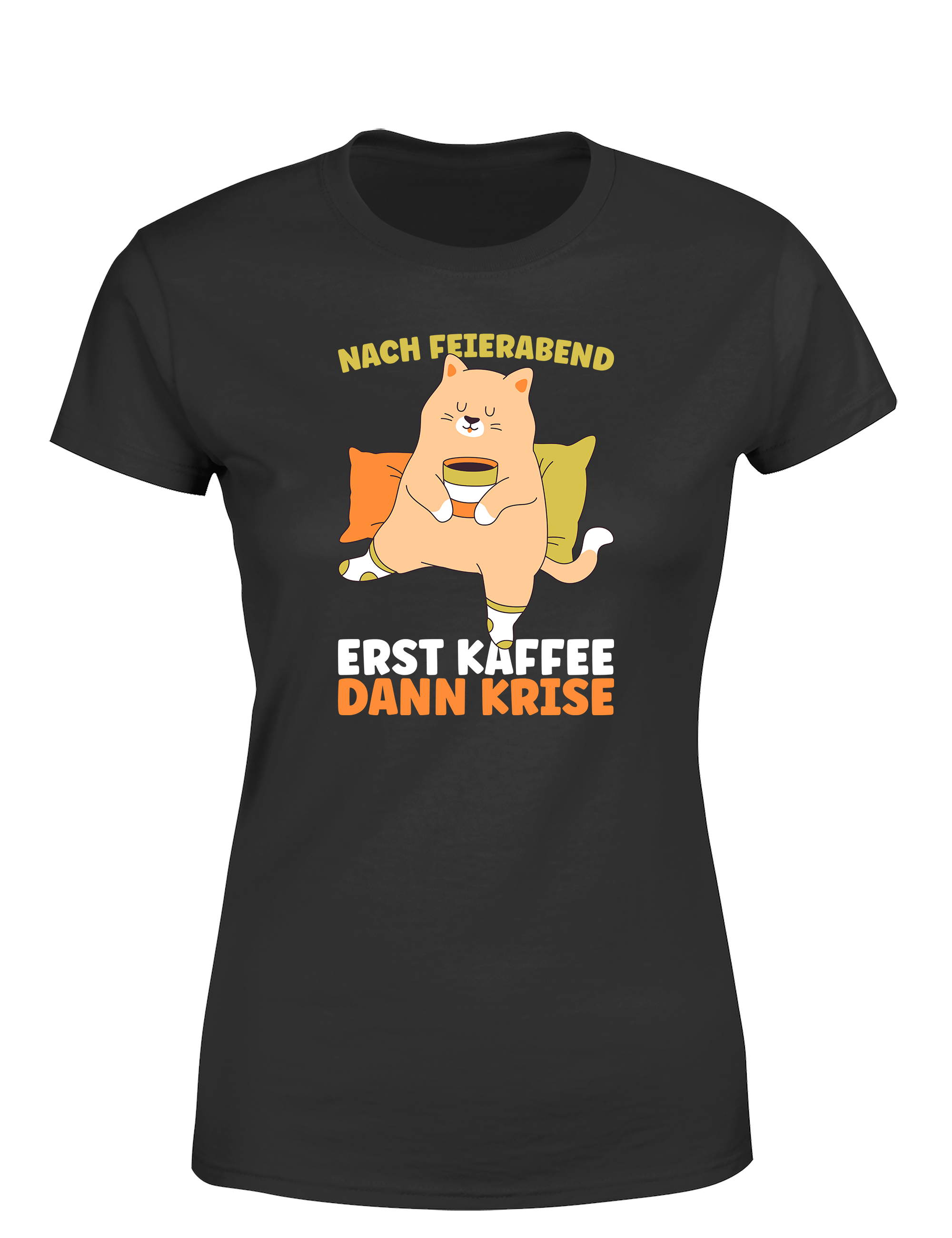 Feierabend Humor – Damen T-Shirt „Erst Kaffee, dann Krise“ | Lustiges Shirt für Büroqueens, Kaffeefans & Couchliebhaberinnen