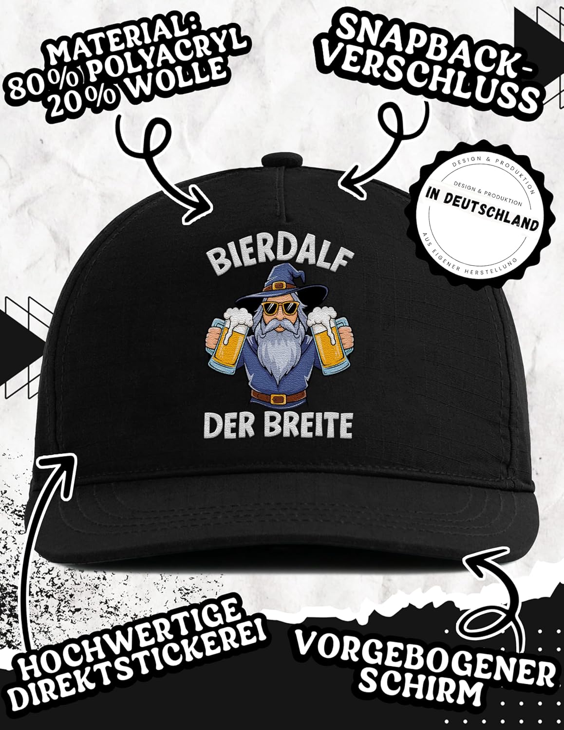 Snapback Cap BIERDALF DER BREITE – Lustige Cap mit Zauberer, Bart & Bierkrügen, hochwertig Bestickt – Festival-Accessoire für Männer und Feierabend-Helden
