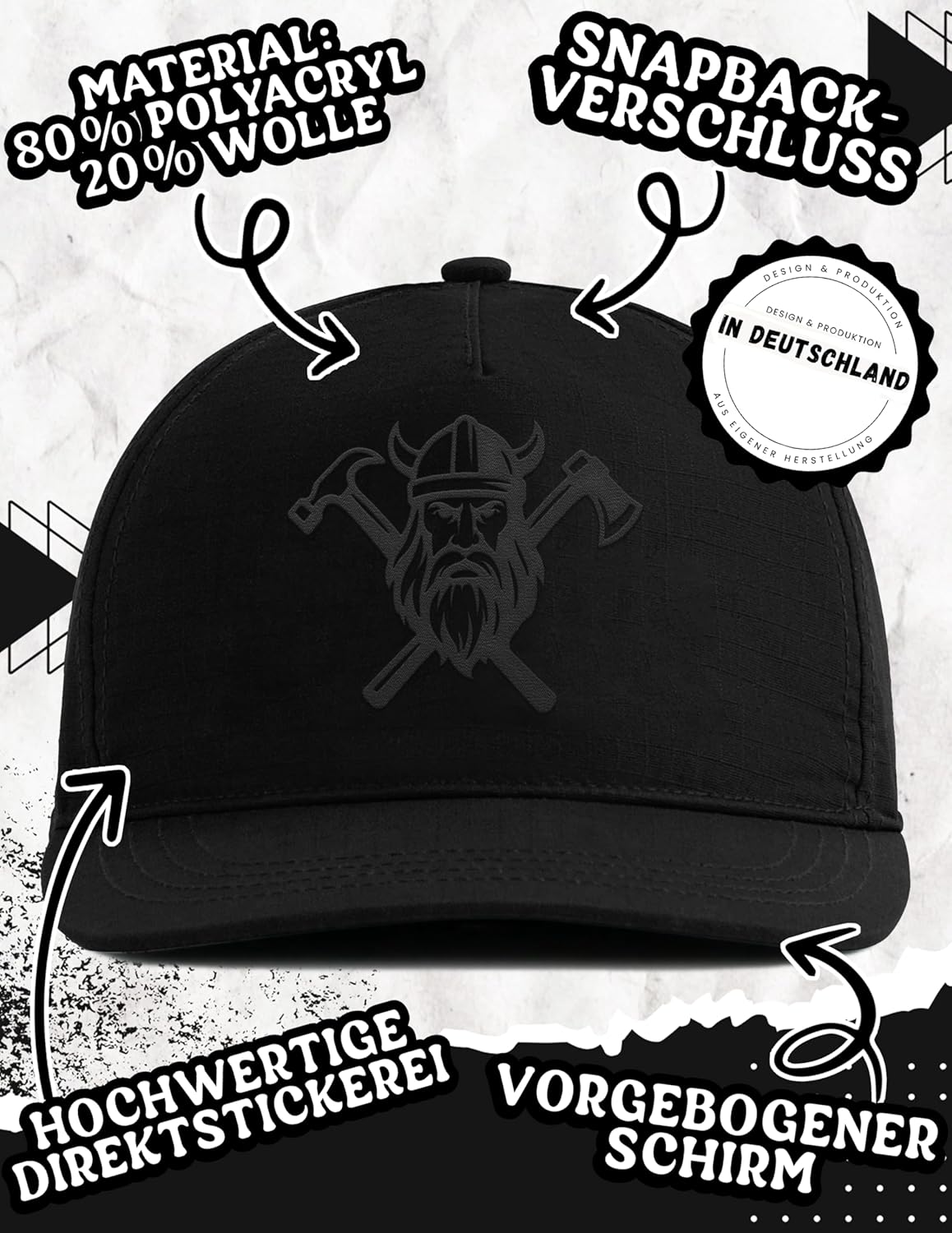 Snapback-Cap mit Wikinger-Stick – Bestickte Cap mit Helm, Axt & Hammer für Handwerker, Bushcrafter, Zimmerer, Viking-Fans und alle mit Stärke im Alltag & Beruf
